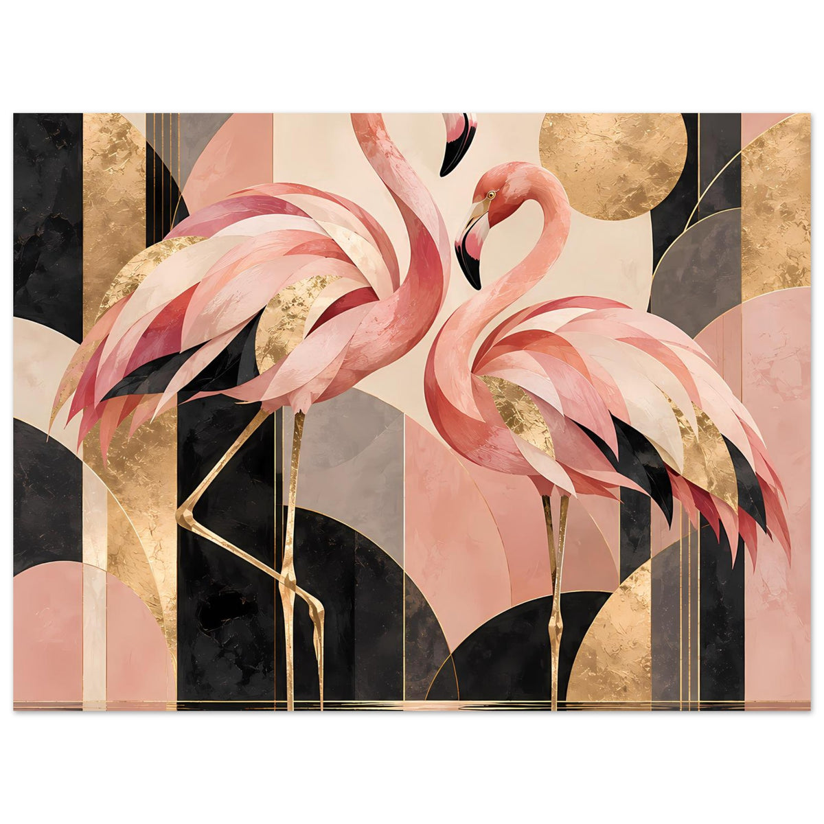 Zwei rosa Flamingos vor geometrischem Hintergrund mit Goldakzenten in Schwarz und Creme – Posteransicht 14