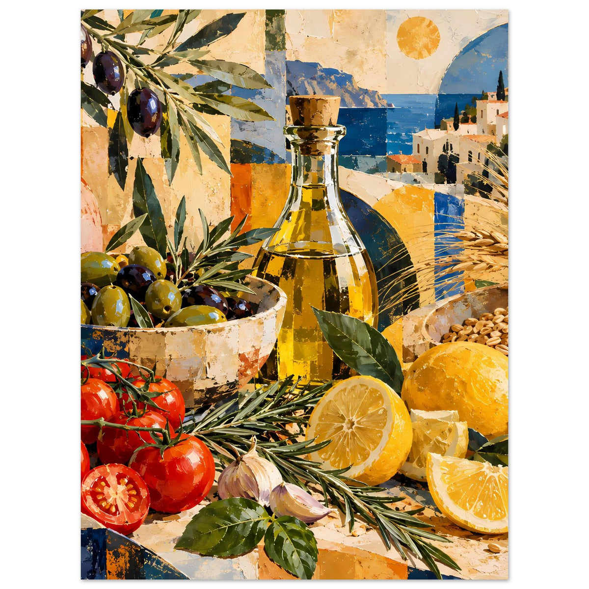Vertikales Stillleben-Poster mit Ölflasche, Oliven, Tomaten und Orangenscheibe
