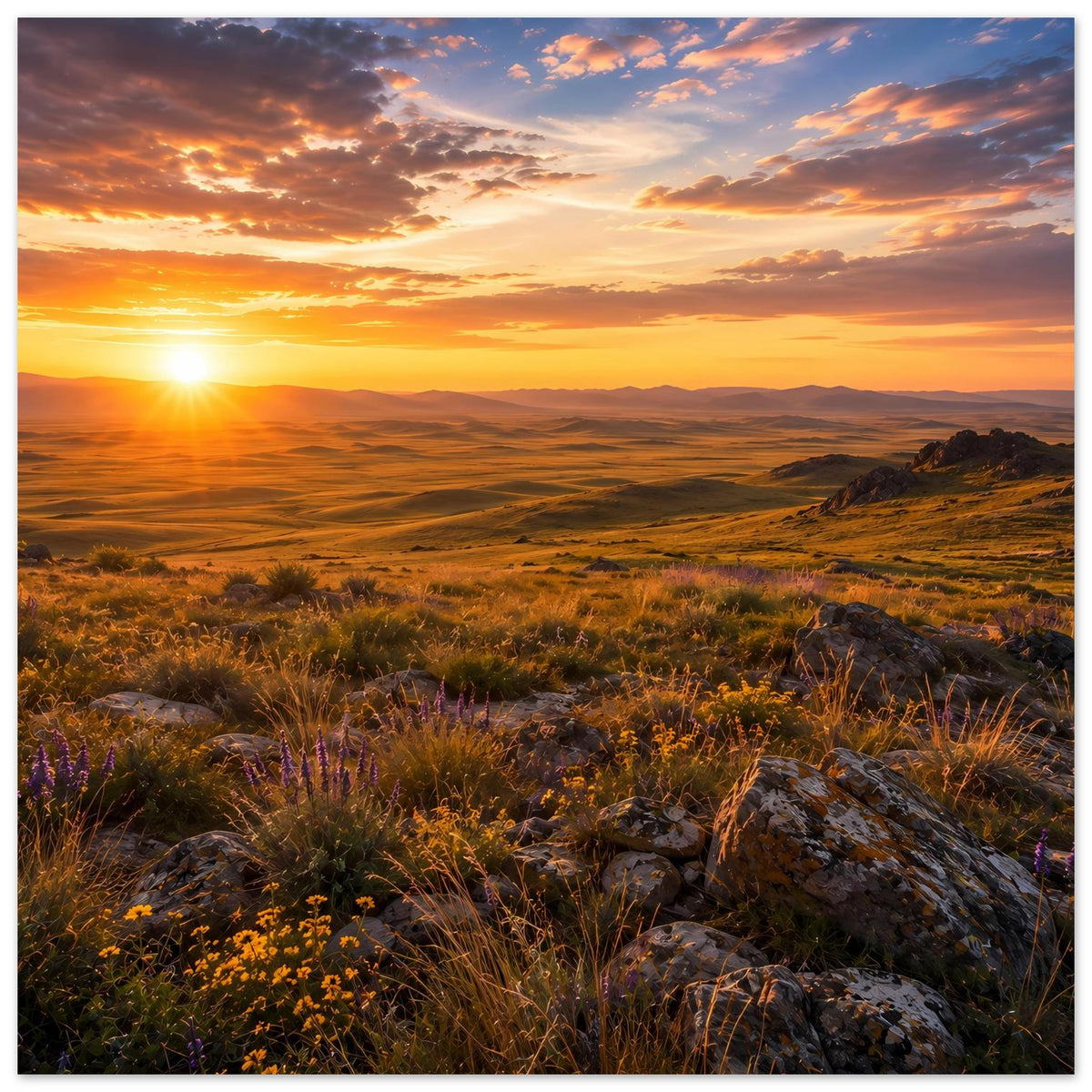 Landschaftsposter mit Sonnenuntergangshimmel, goldenem Licht, Hügeln, Felsen und Gräsern