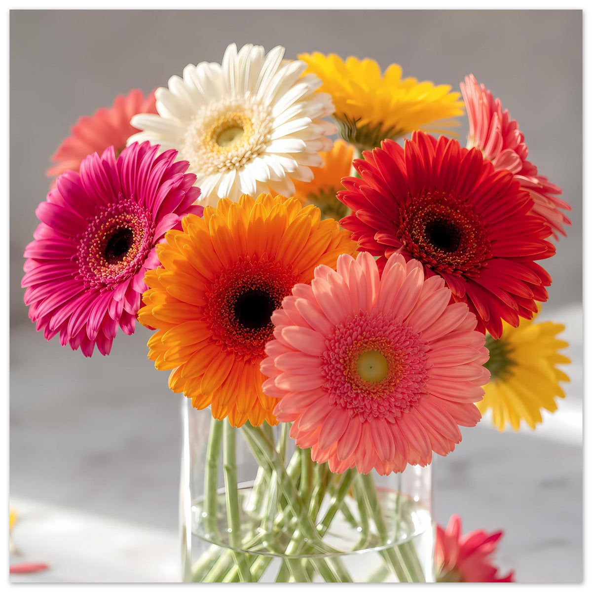 Poster mit Gerbera-Blumenstrauß, rosa und rote Blüten vor transparentem Glas