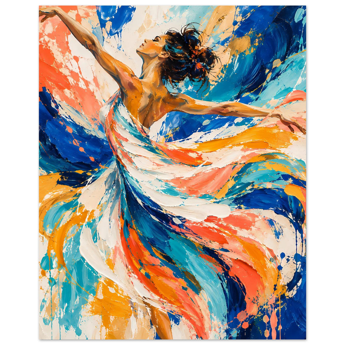 Tanzposter im Hochformat: abstrakte Figur mit Pinselstrichen in Blau und Orange