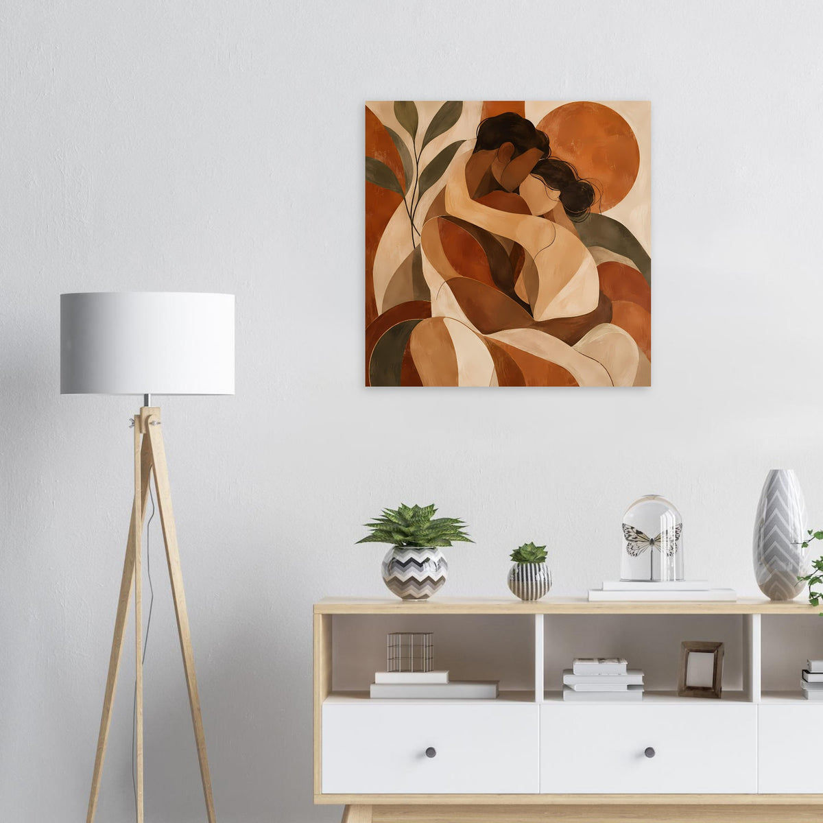 Abstraktes Umarmungs-Poster mit warmen Terrakotta-, Beige- und Olivgrün-Tönen