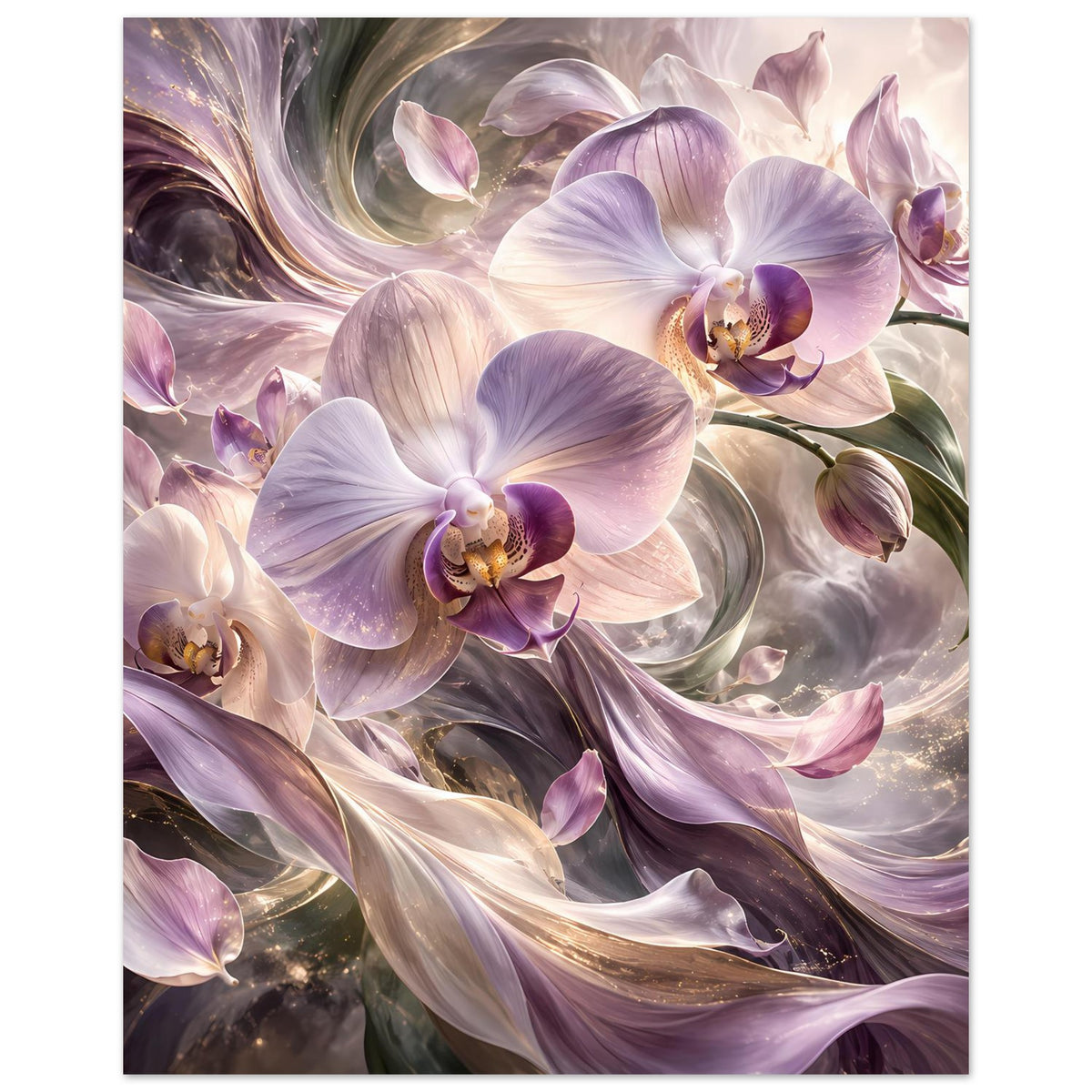 Orchideenblumenposter mit violetten Orchideenblüten und weißen-cremefarbenen Details