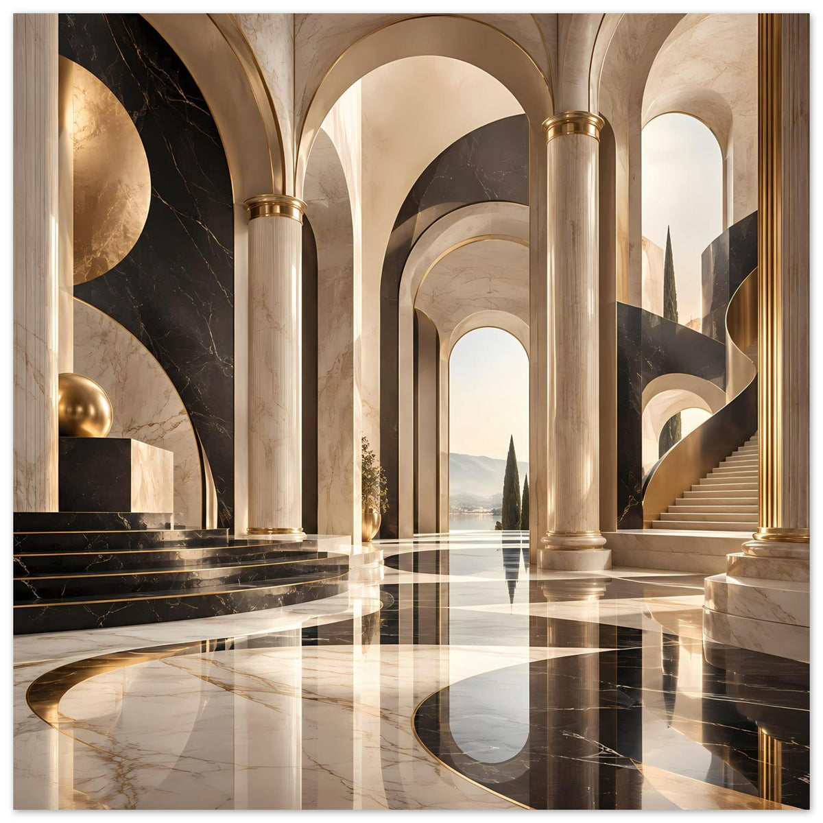 Architekturposter im Hochformat: goldene Säulen, Rundbögen, Treppe rechts