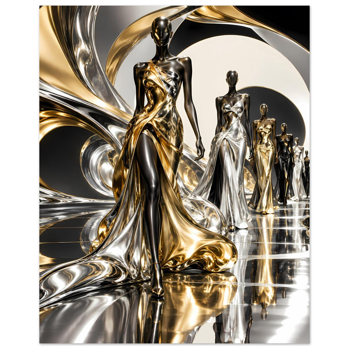 Poster mit gold-silbernen Metallwellen und mehreren Statue-Figuren, reflektierend