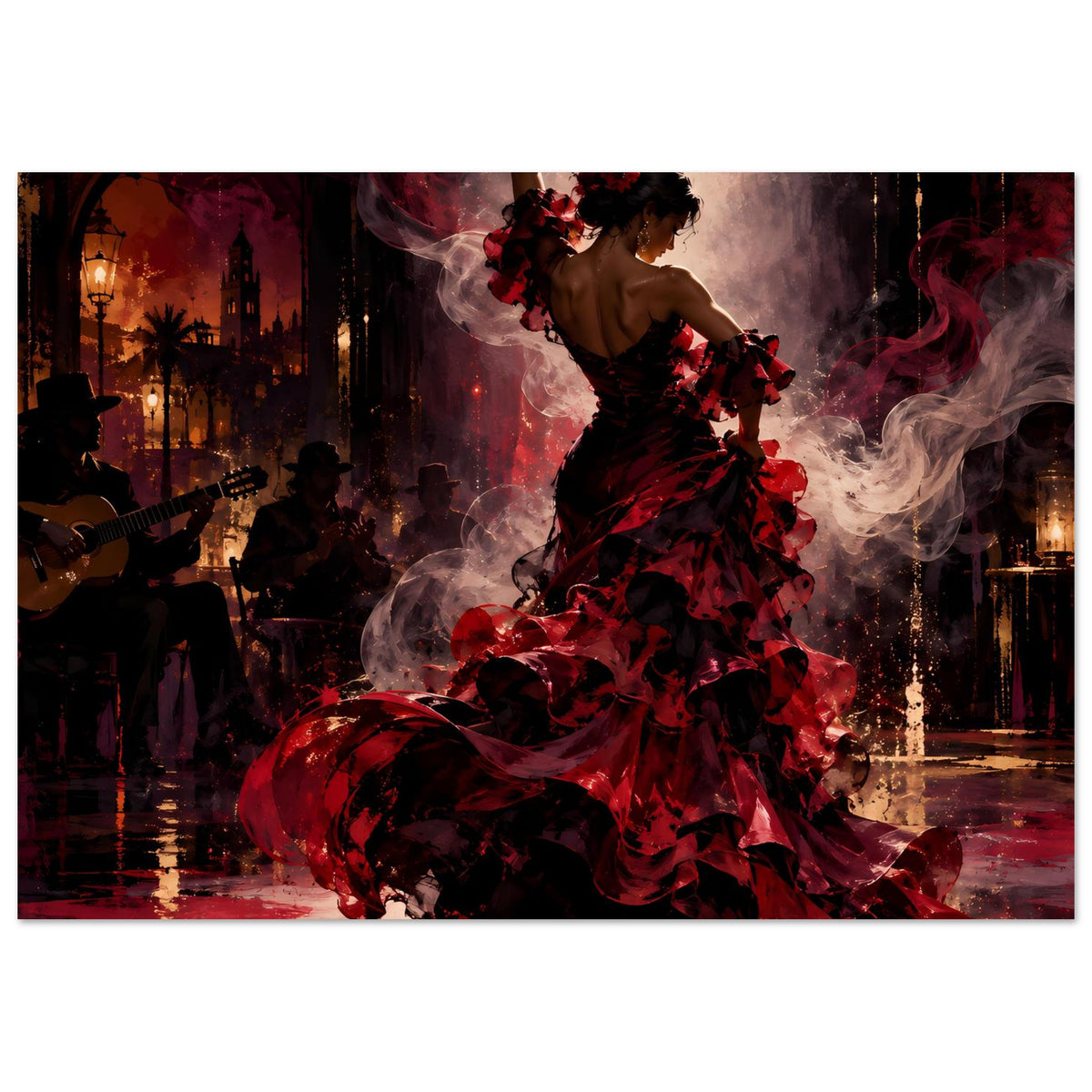 Poster im Querformat mit Flamenco-Tänzerin in rotem Kleid und Blumenkranz