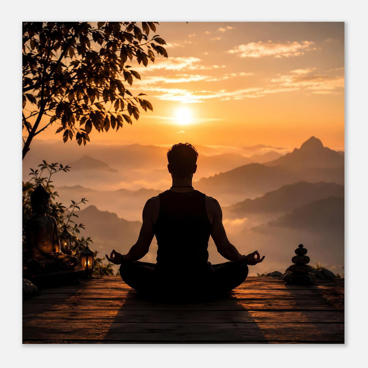 Gerahmtes Meditationsposter mit Lotus-Silhouette bei Sonnenuntergang, Kerzen links sichtbar