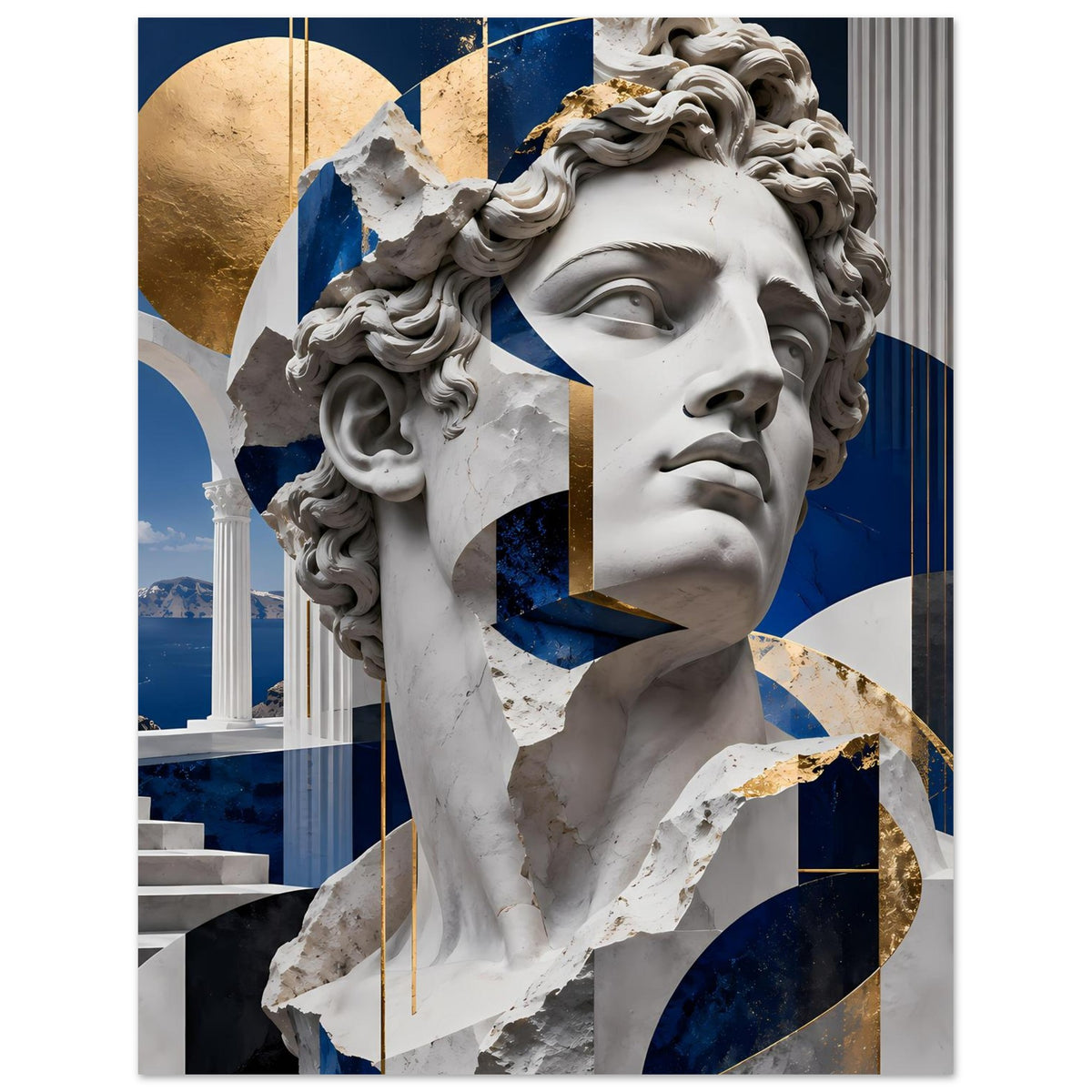 Poster mit klassischer Marmorskulptur und geometrischen Formen in Blau und Gold