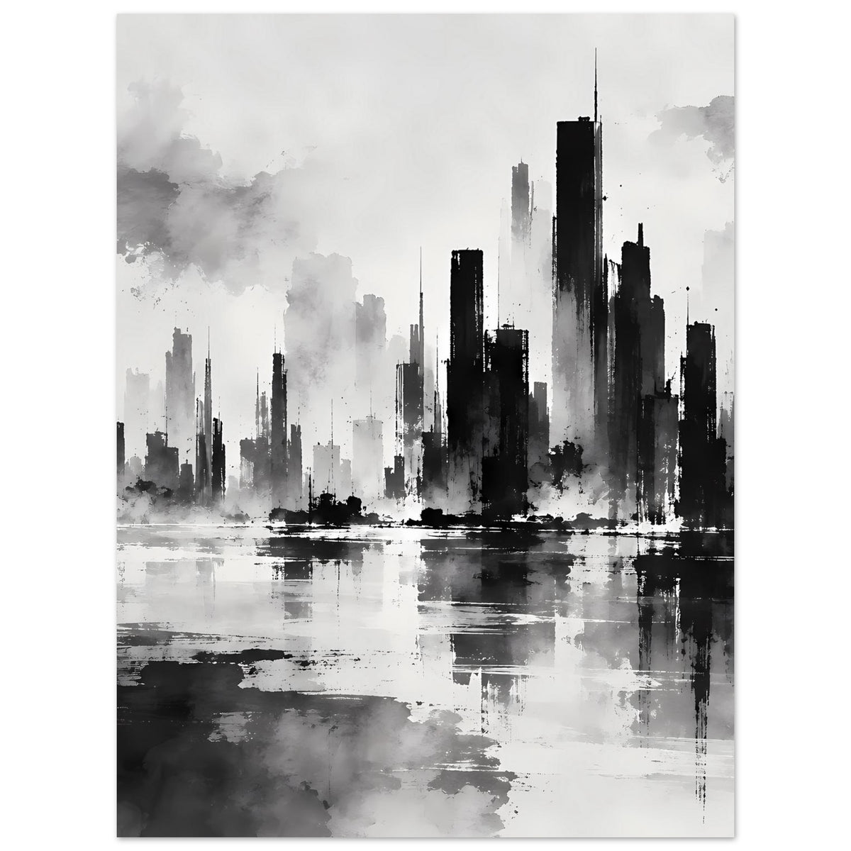 Schwarzweiß-Poster mit Panorama-Stadtsilhouette über ruhigem Wasser