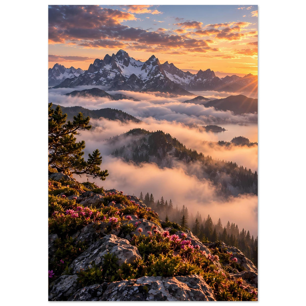Poster im Hochformat mit Bergpanorama, goldenem Sonnenaufgang und dichtem Nebel