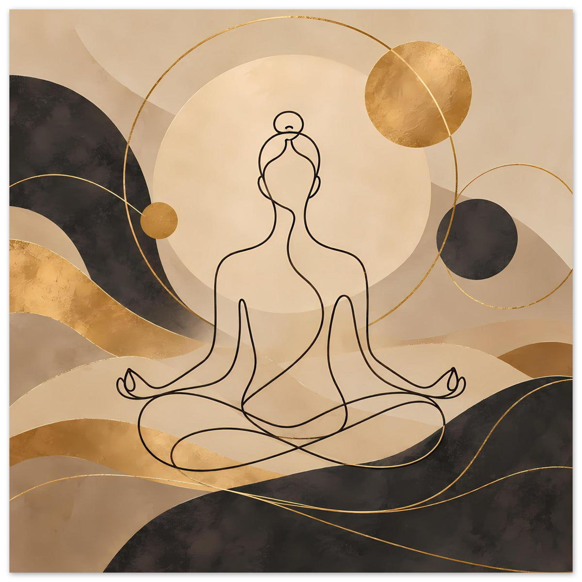 Goldener Kunstdruck: Meditationsfigur im Schneidersitz mit Kreisen und Linien im Abstraktstil