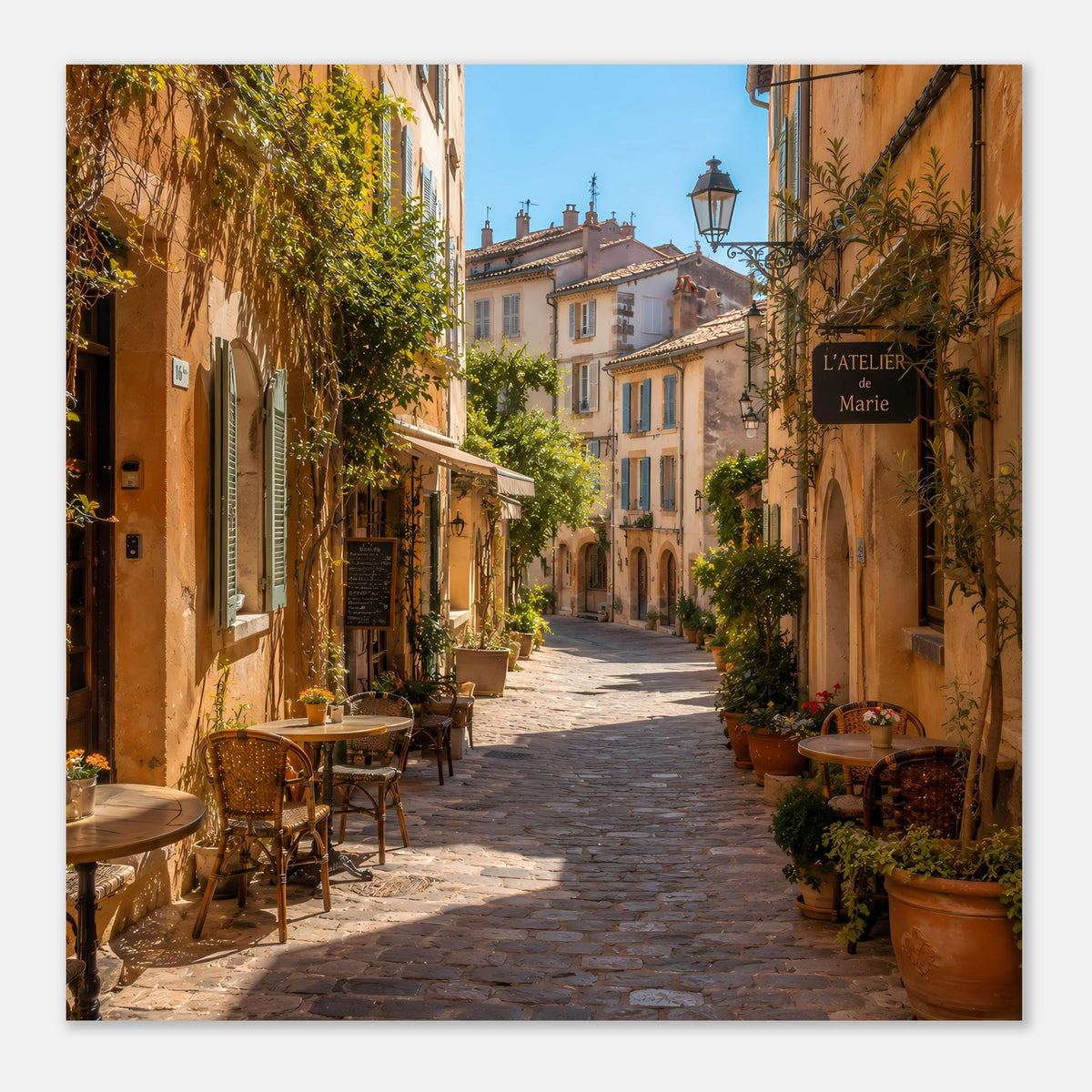 Poster mit Blick durch eine Gasse, Fensterläden, Laterne und Kübelpflanzen