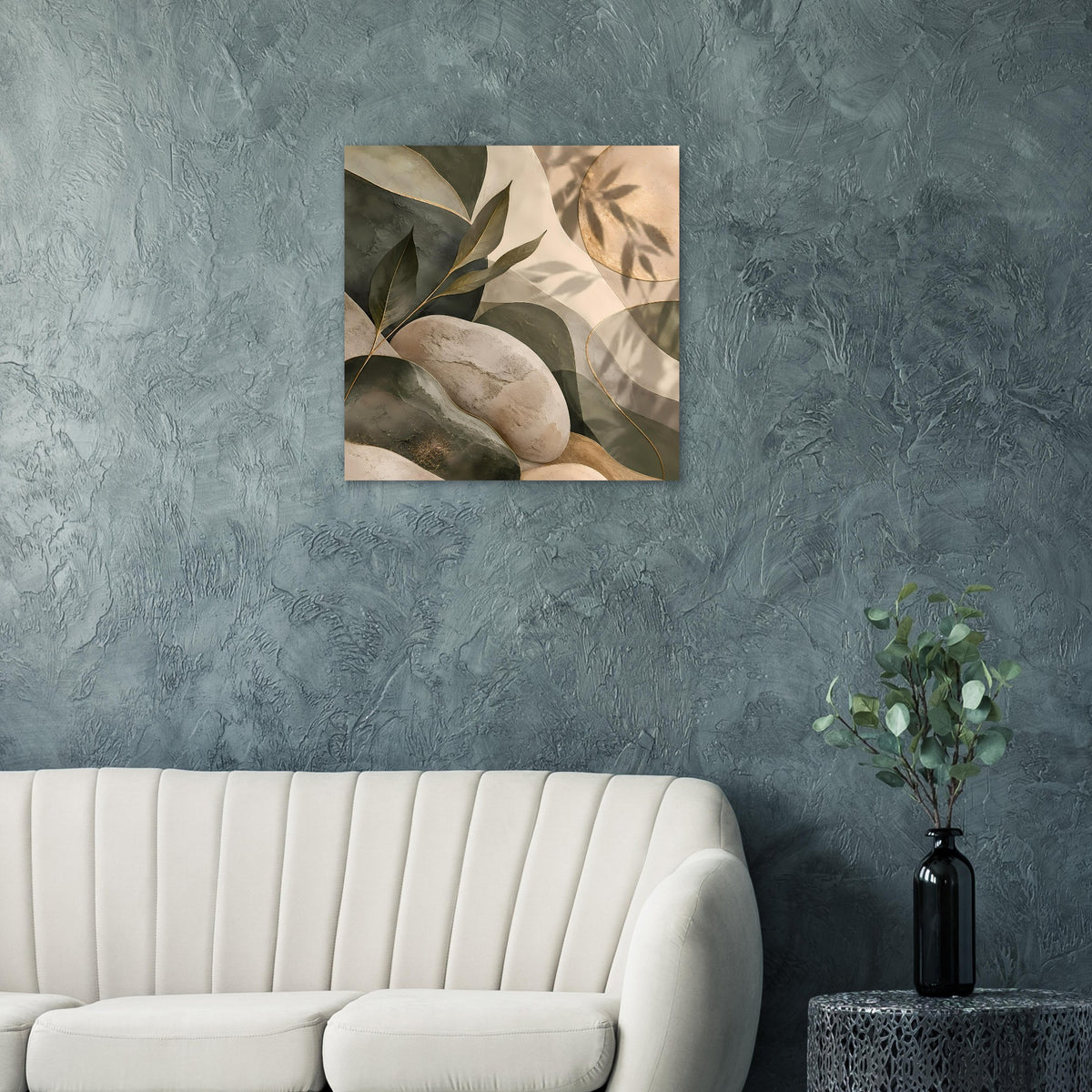 Quadratisches Poster mit abstrakten Blättern und Steinen in Beige-, Grau- und Grüntönen