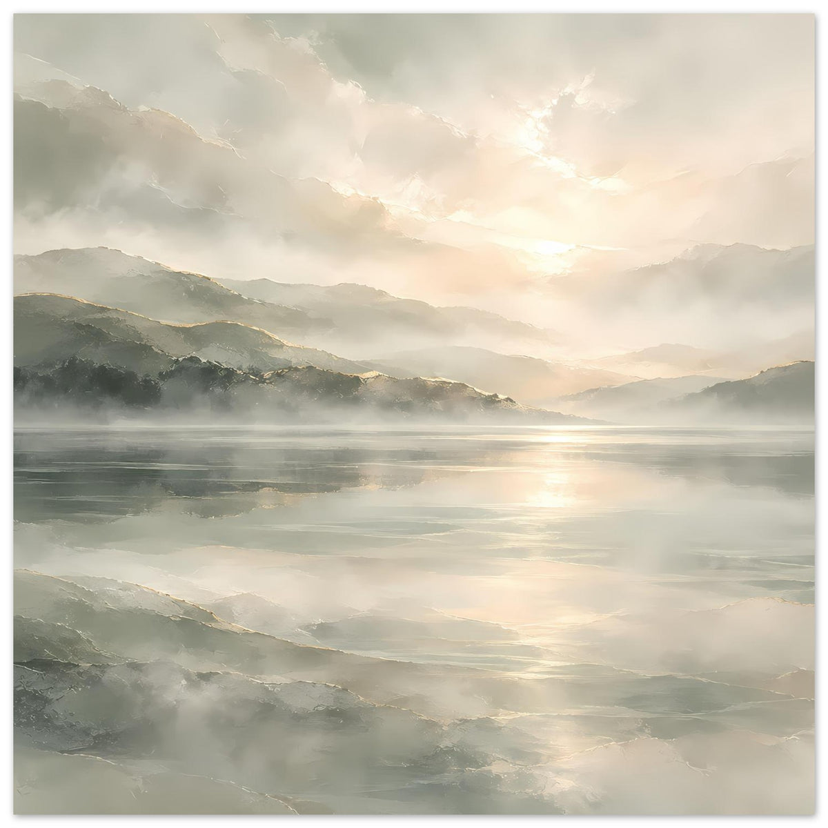 Kunstdruck Poster mit Bergkette, See mit Spiegelung und Nebel, warmes Licht im Querformat