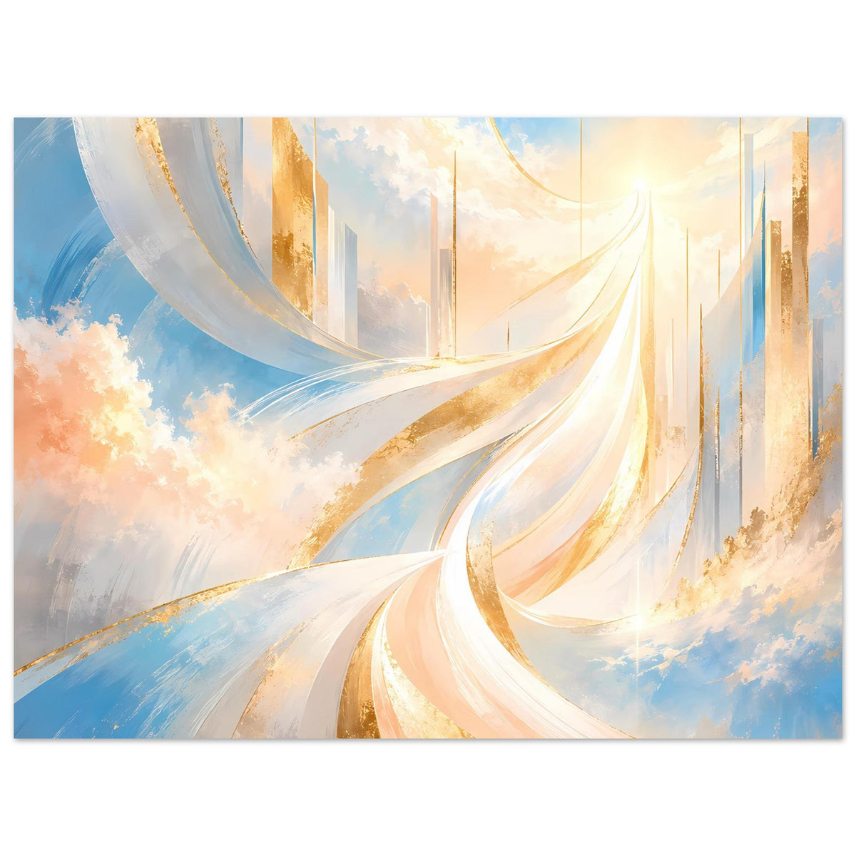 Horizontales Abstraktposter mit goldenen Akzenten, weißen Bögen und blauem Nebel