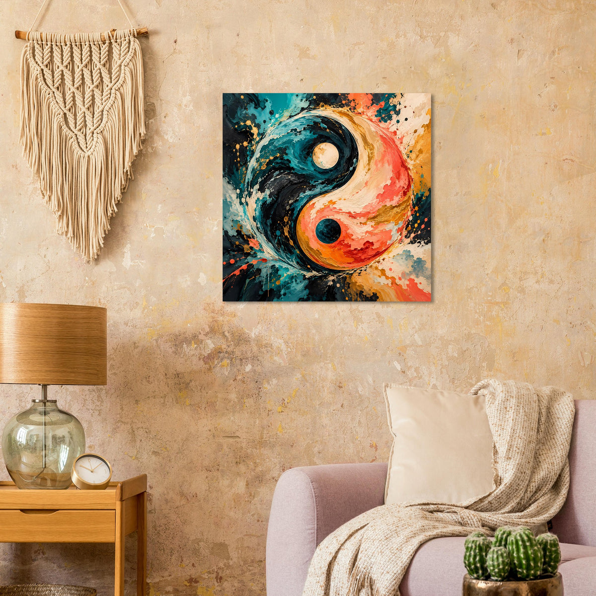 Quadratisches Yin‑Yang‑Poster, kontrastreiche türkis, schwarz und orange Farbwischtechnik