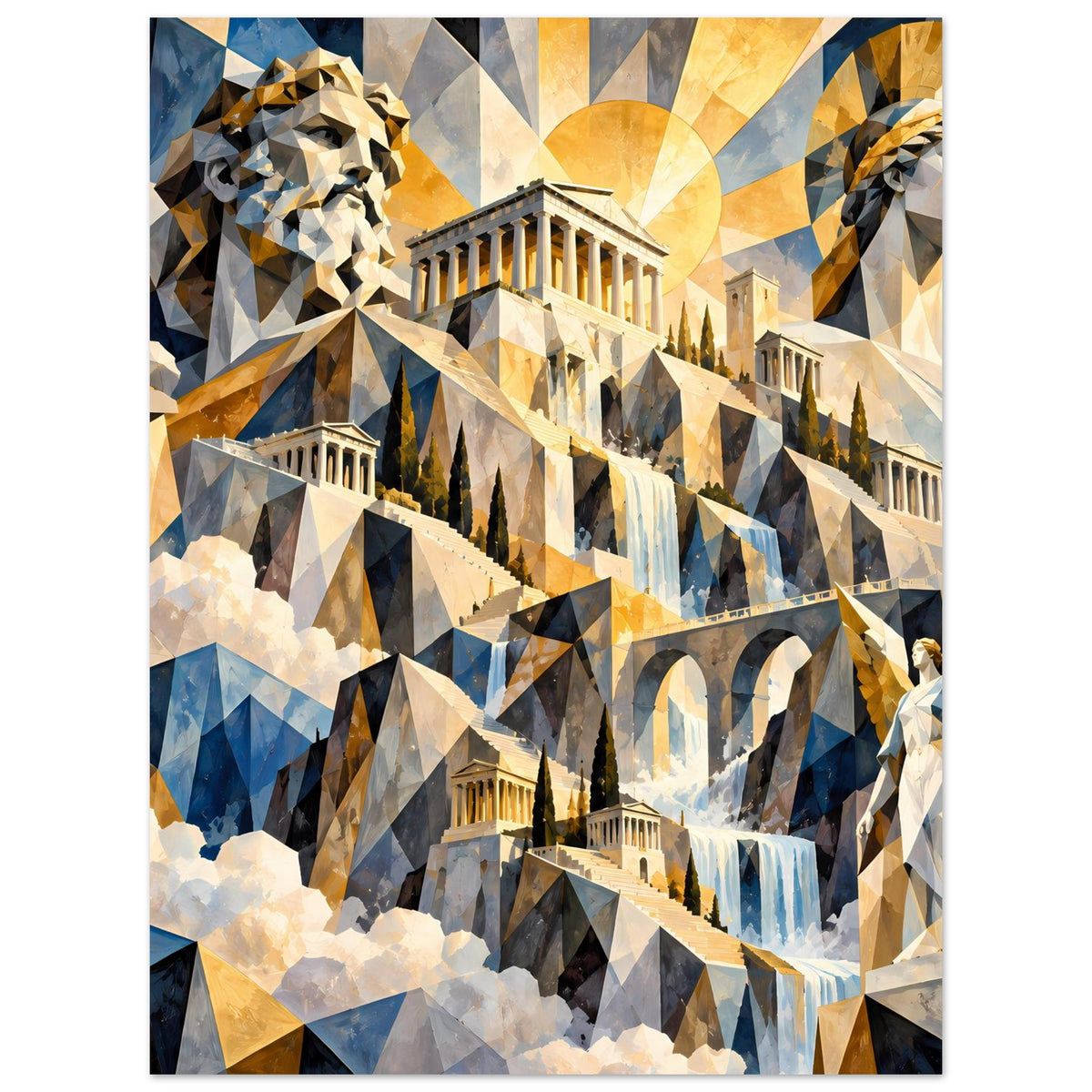 Poster im geometrischen Stil mit Parthenon, Sonnenkreis, Säulen und Statuenbüsten in Blau/Gold