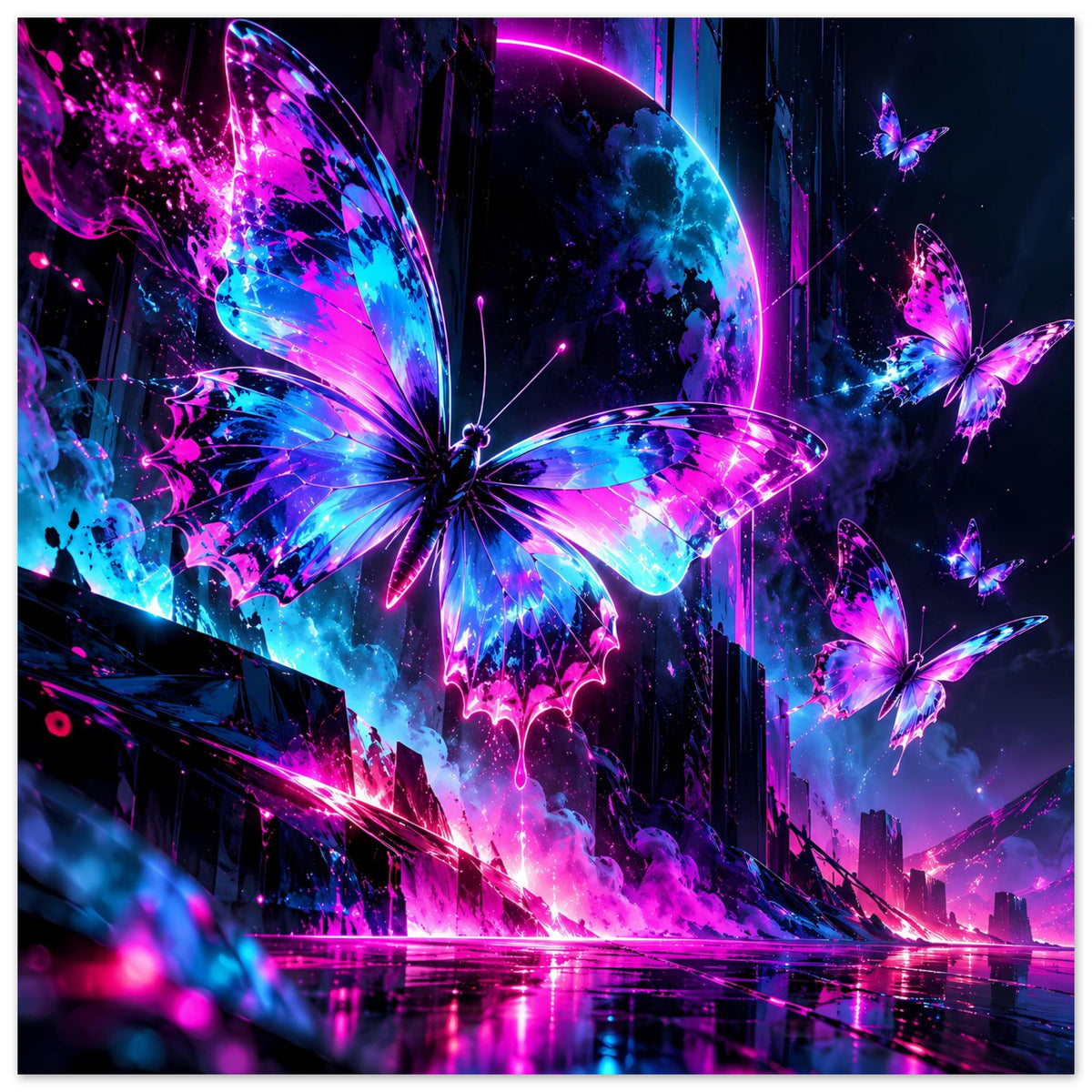 Neon-Schmetterlingsposter mit farbintensiven Flügeln in Blau, Pink und Violett