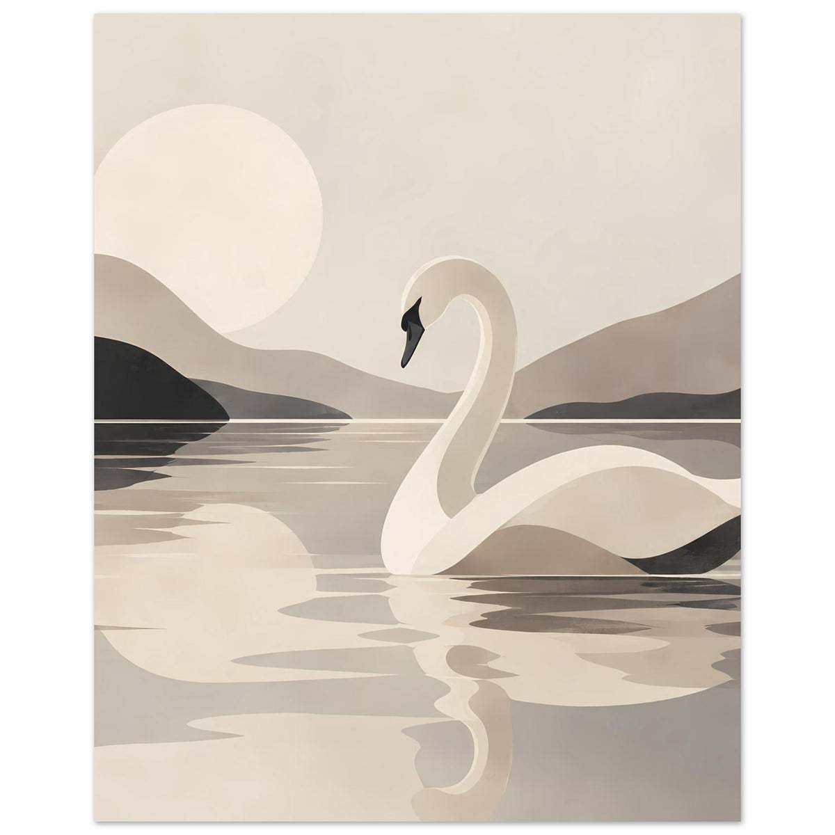 Kunstposter: Schwan auf dem Wasser, minimalistische Wellenlinien und Spiegelung, Beige/Grau