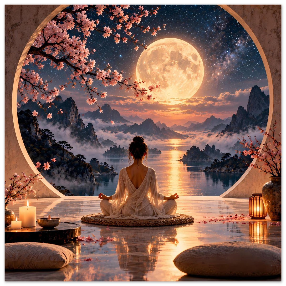 Meditationsposter mit Vollmond: Meditierende Person auf Kissen, Kerze und Laterne links