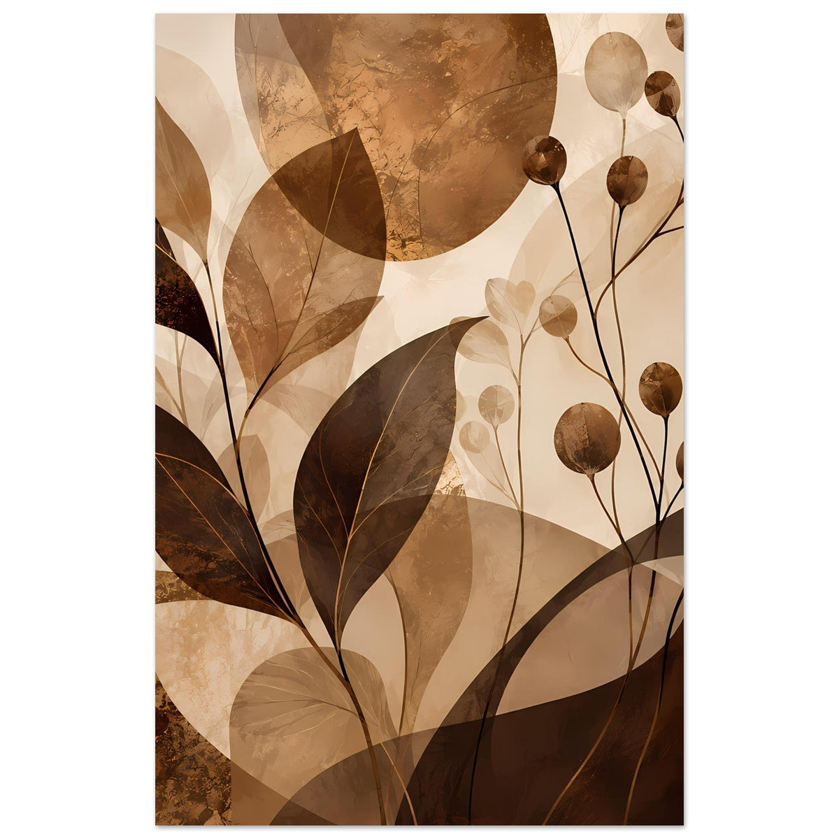 Blumenposter mit abstrakten Blättern und dünnen Stielen, warmes Braun-Beige