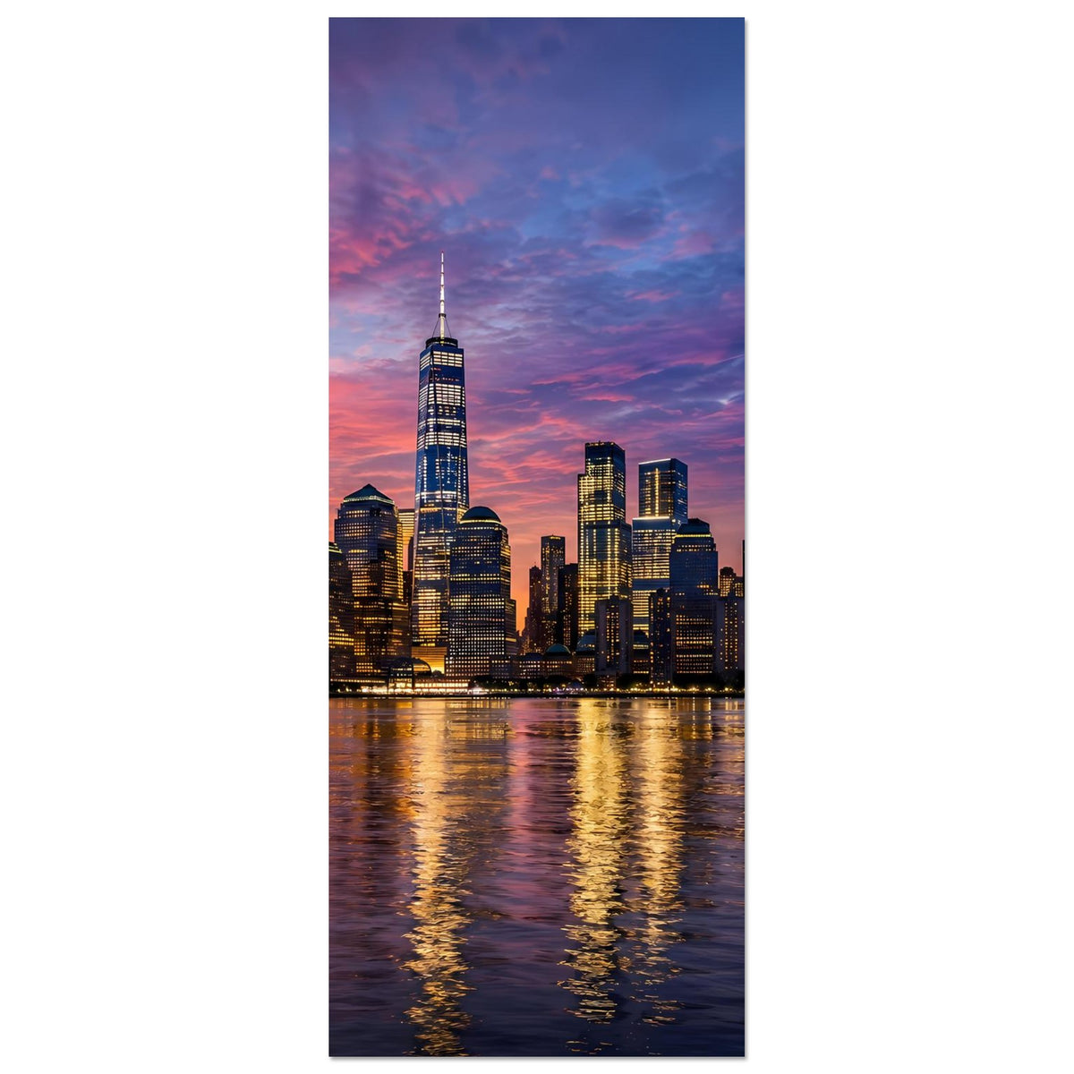 Stadtbild-Poster im Hochformat mit New-York-Skyline bei Dämmerung, reflektierendes Wasser