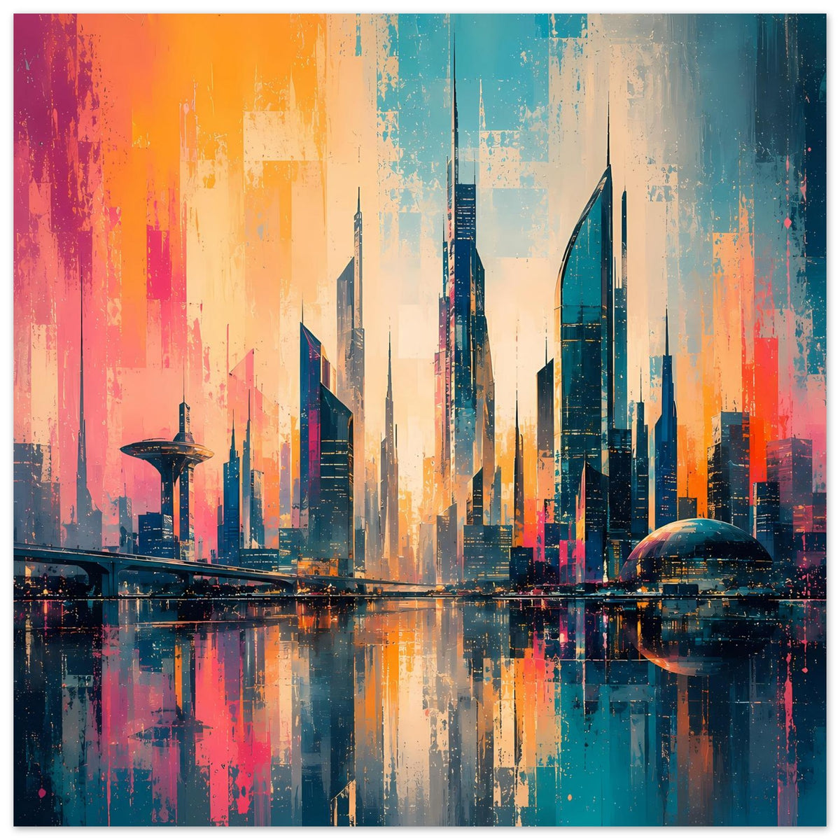 Stadtpanorama-Poster mit leuchtender Skyline und Kugelbauwerk, Spiegelung im Wasser