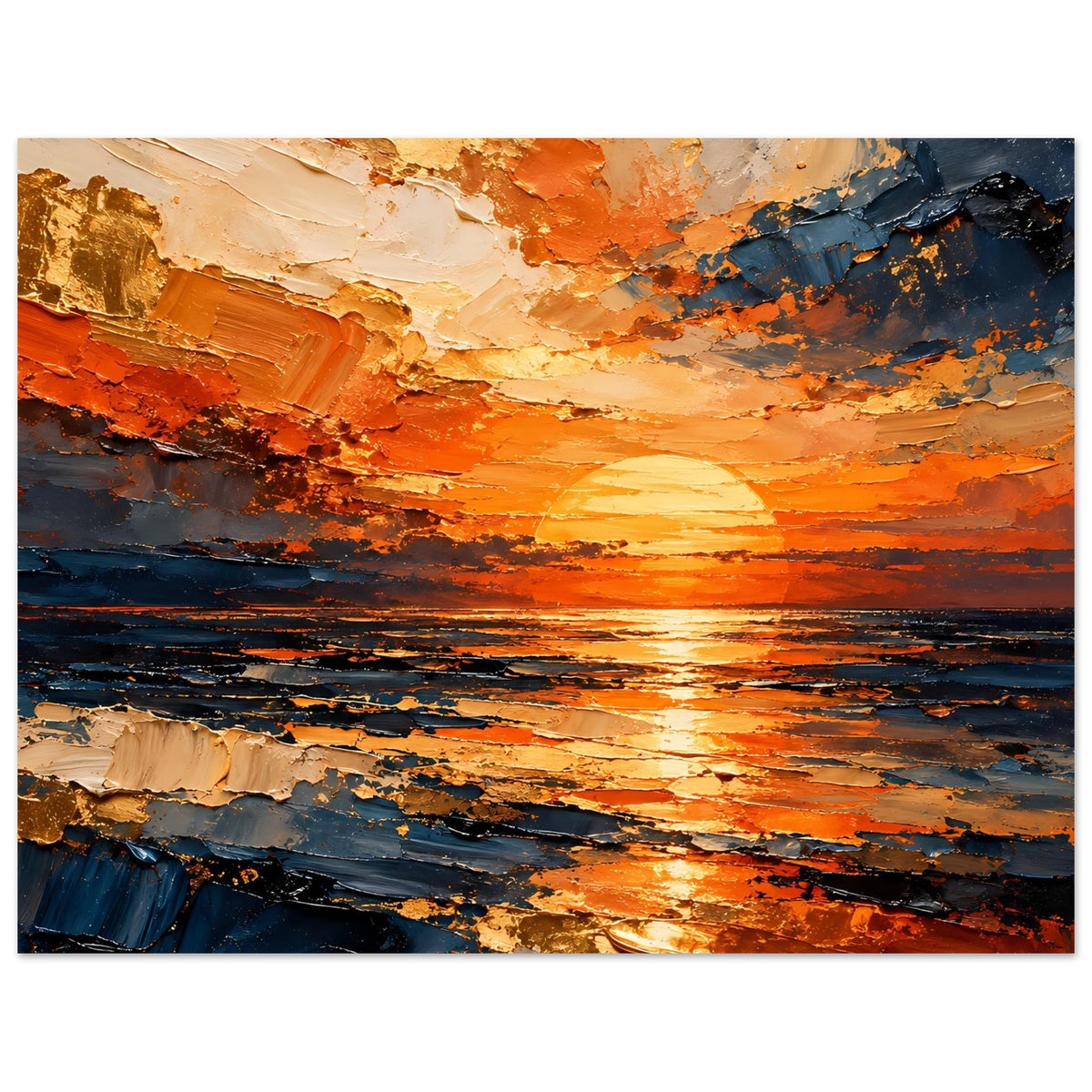 Ozean-Poster im abstrakten Stil: orange-blauer Sonnenuntergang mit pastoser Malstruktur