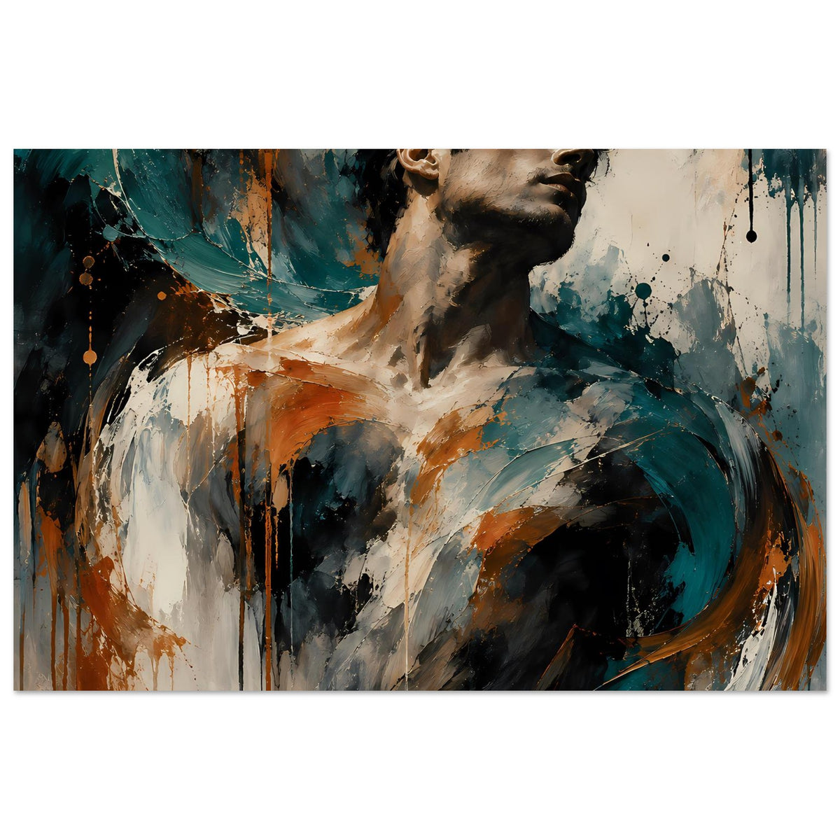 Kunstposter mit expressionistischem Porträt: Mann im Profil, kräftige Pinselstriche in Petrol