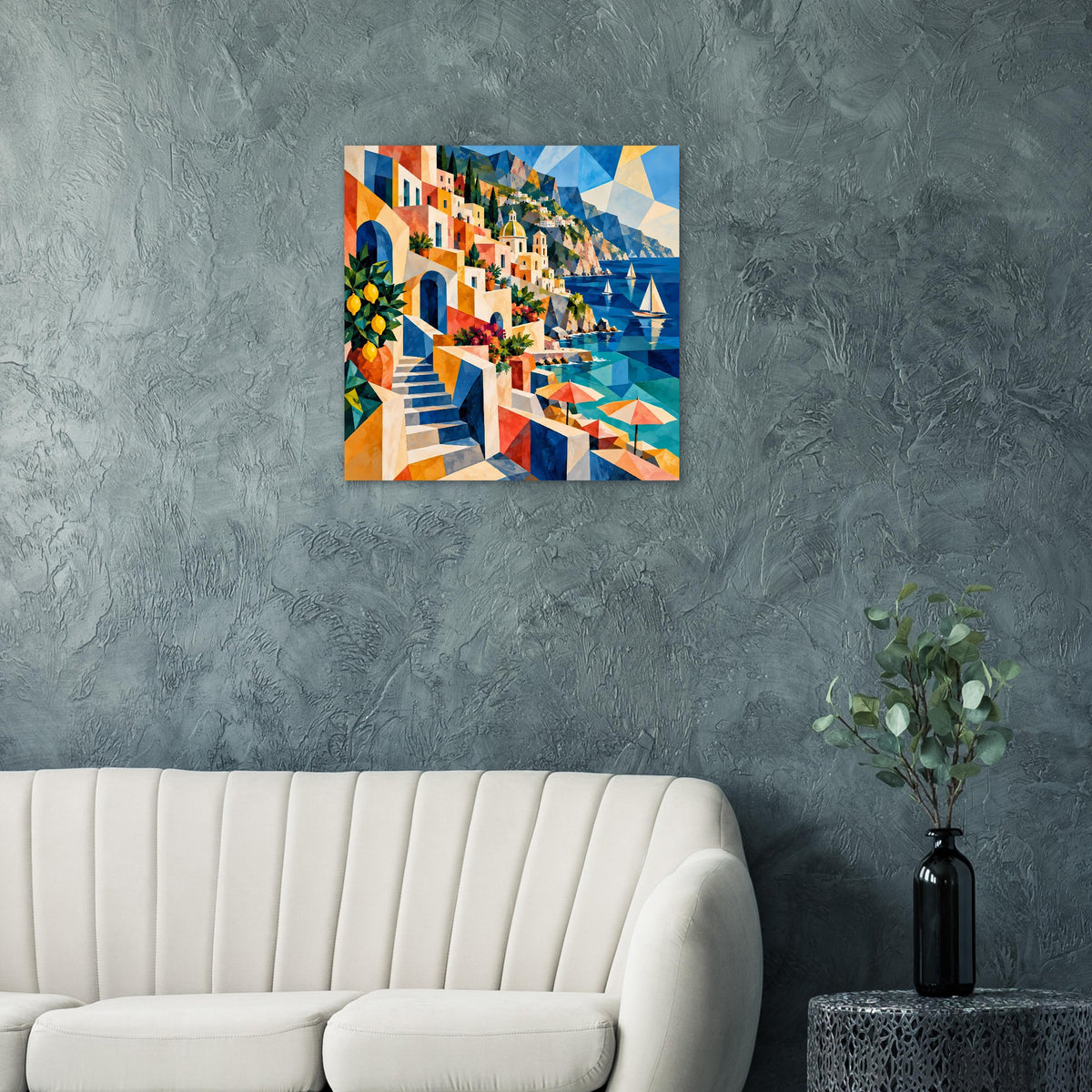 Quadratisches Wandposter mit Küstenstadt-Motiv in Blau, Türkis und Orange