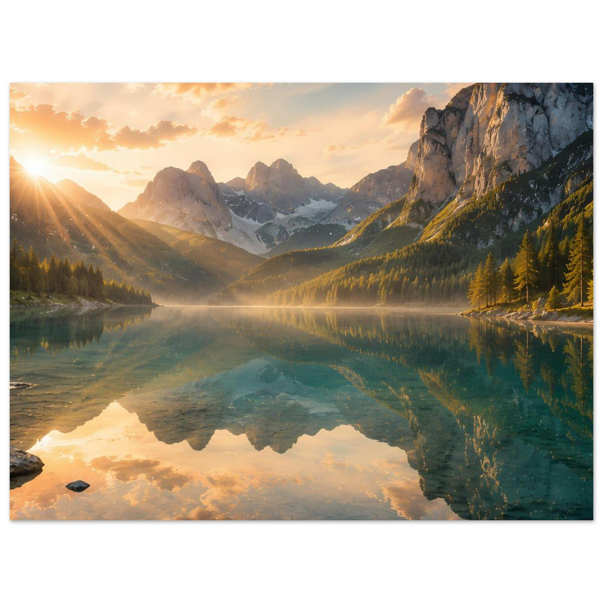 Horizontales Poster mit Sonnenaufgang über Bergen und spiegelndem See
