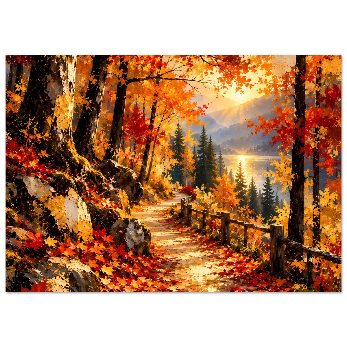 Querformat-Poster: Waldweg durch Herbstfarben mit Holzzaun, buntem Laub und tief stehender Sonne