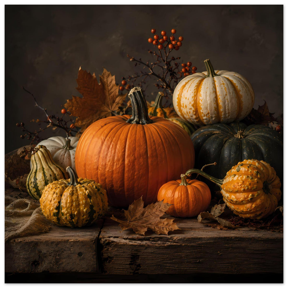 Premium-Poster mit Herbst-Kürbissen: orangefarbener Kürbis, weißer Zierkürbis und kleine orange Kürbisse
