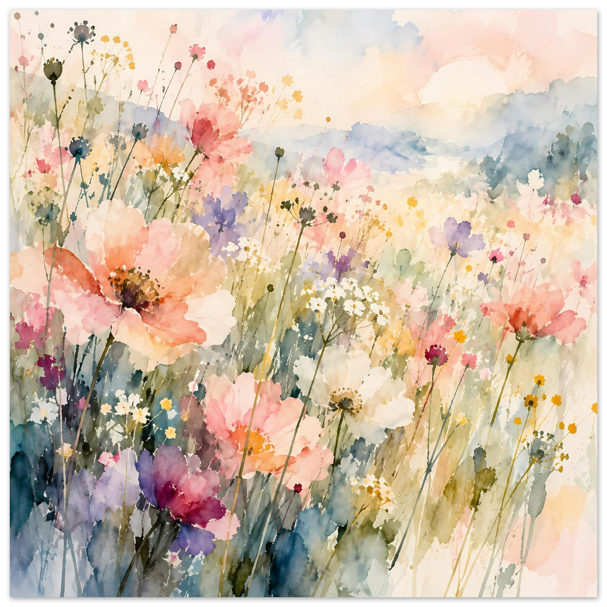 Aquarell-Poster mit Pastell-Wildblumen, vertikales Motiv mit zarten Blüten