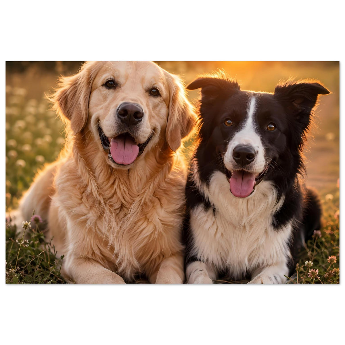 Poster mit zwei Hunden: gelber und schwarzer Hund, frontal sitzend, warmes Licht