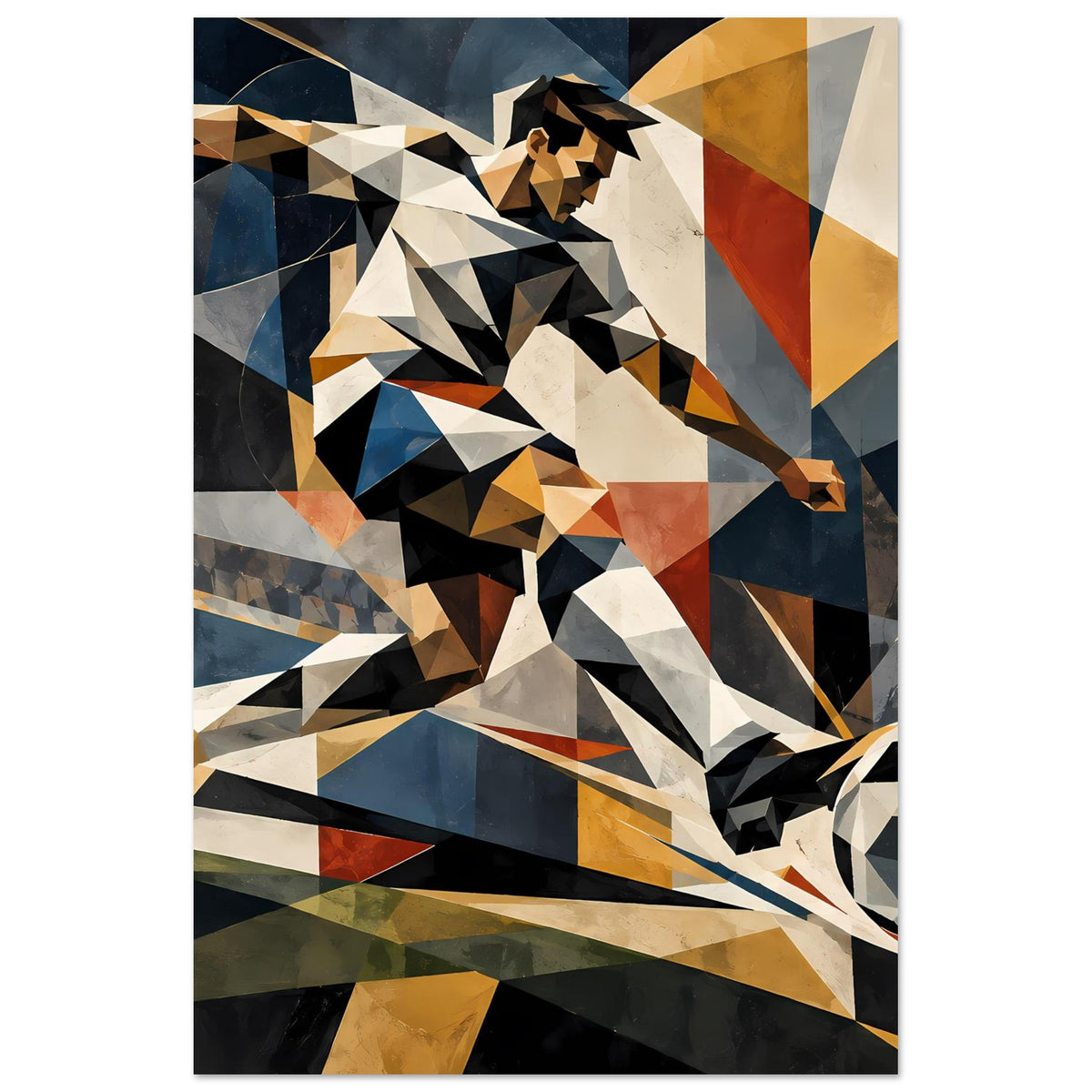 Hochkant-Poster: abstrakter Fußballspieler im geometrischen Design, Ball angeschnitten