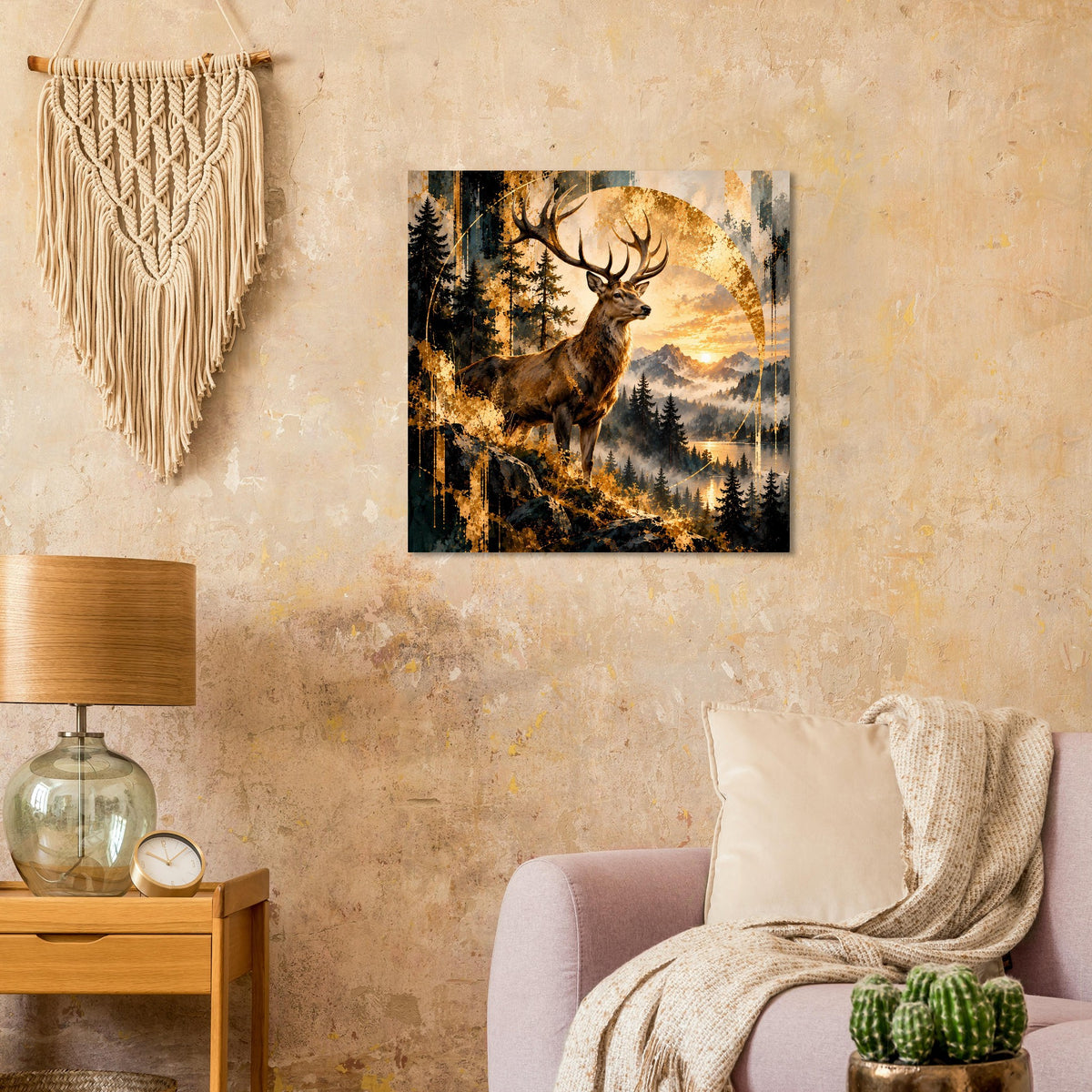 Poster mit Hirsch im Wald, Sonnenuntergang mit warmen Gold- und Brauntönen