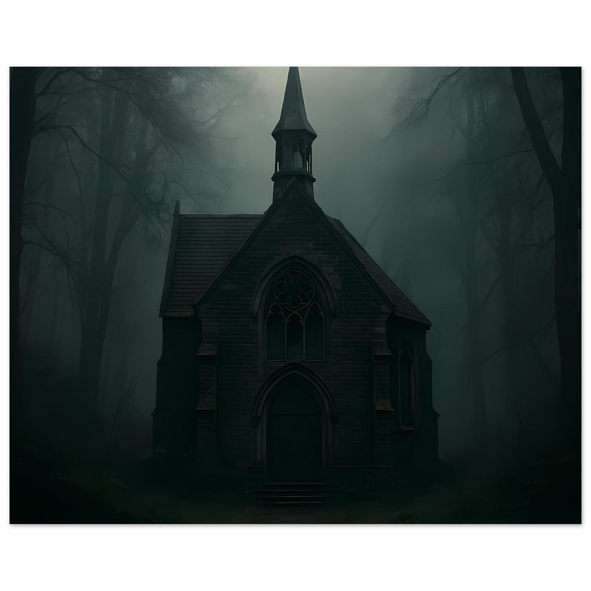 Kapellenposter: dunkle Kapelle mit gotischen Fenstern und Eingang, im Nebelwald