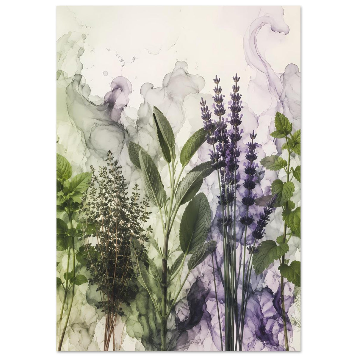 Botanisches Poster mit Lavendel-Ähren und gesprenkelten Kräuterbüscheln