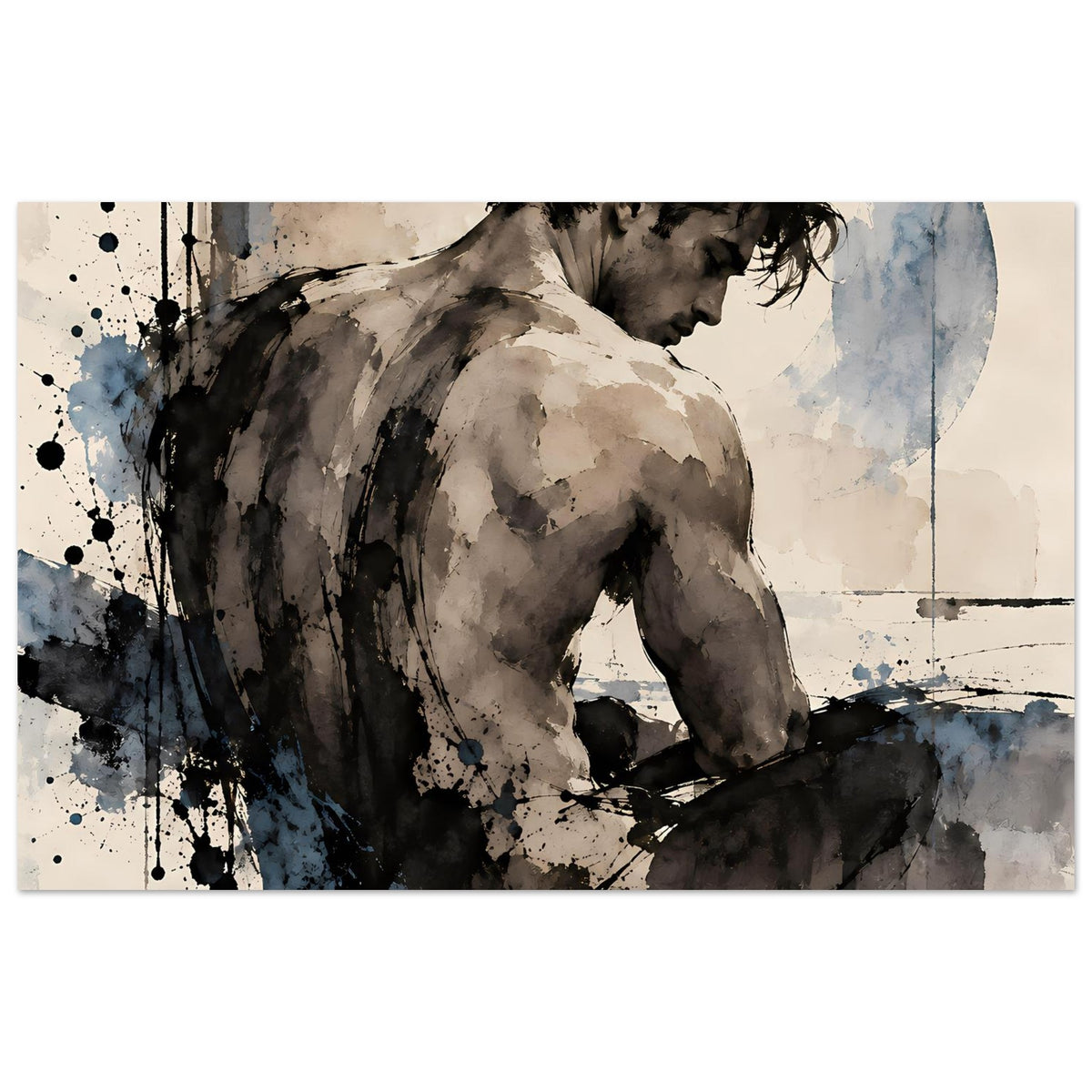 Kunstdruck: Aktstudie eines Mannes von hinten, sepia und blaue Pinselspuren, abstrakt