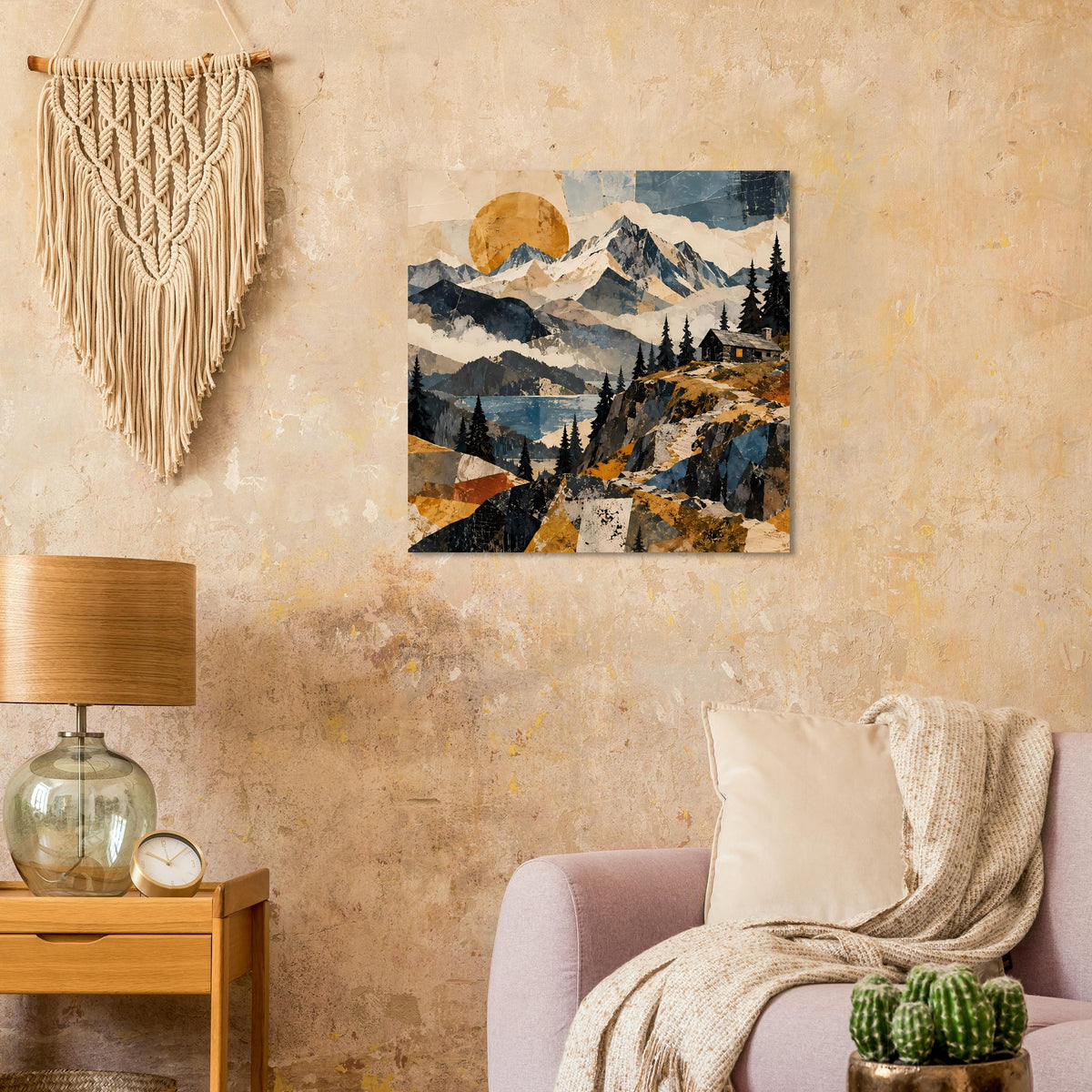 Naturposter mit Berglandschaft bei Sonnenuntergang, Ocker- und Blautöne