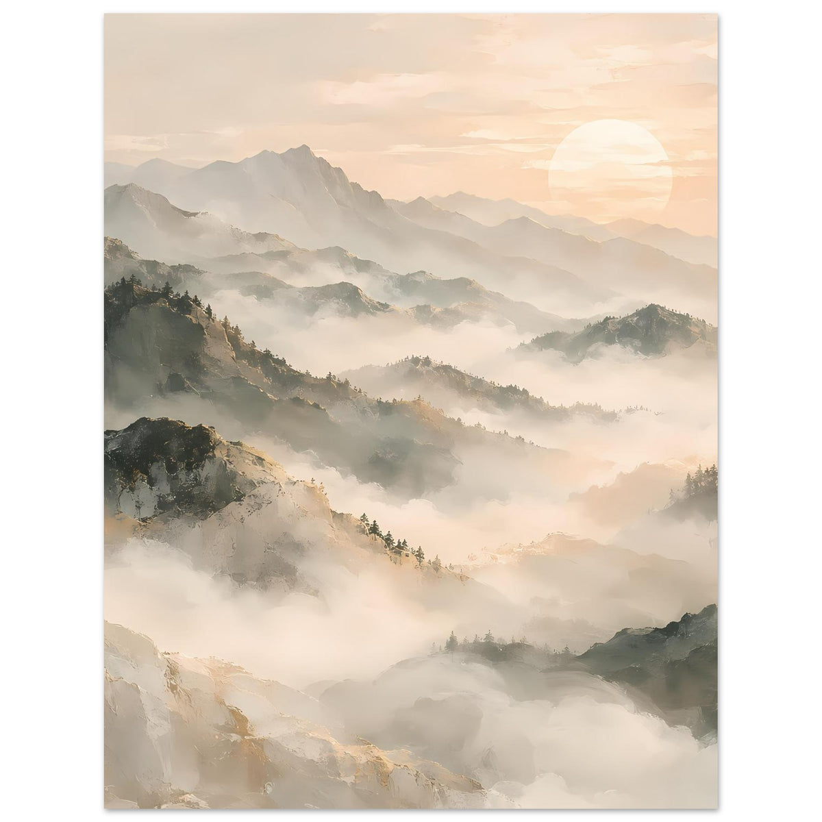 Poster mit Bergkämmen im Morgennebel, warmen Pastelltönen und Sonne, matter Kunstdruck, hochformat