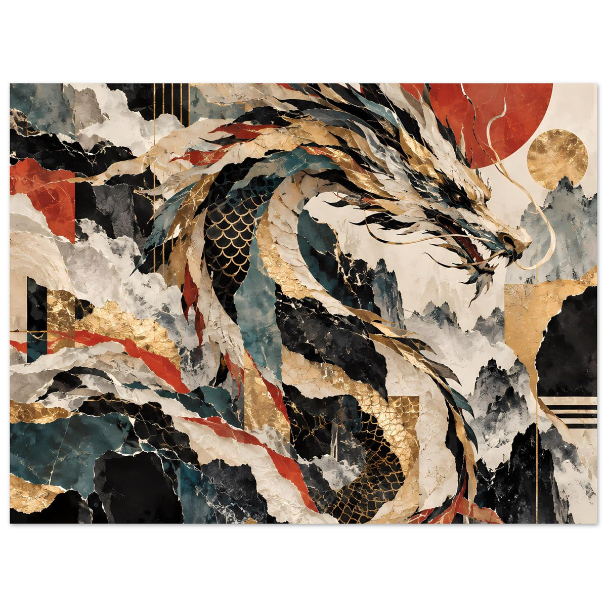 Drachen-Poster im abstrakten Stil, horizontales Motiv mit Rottönen und Gold, gerahmter Druck