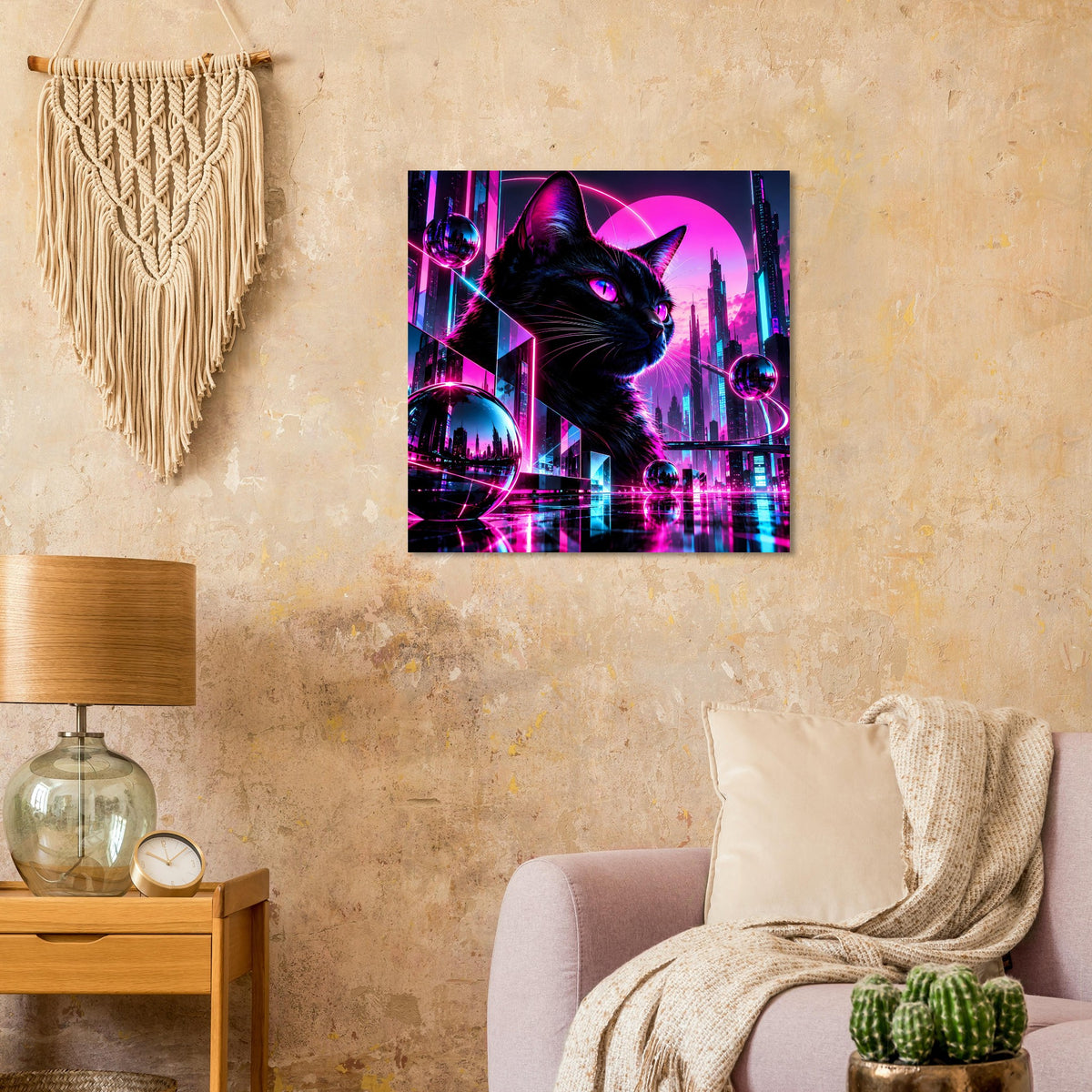 Poster mit schwarzer Katze und magenta Neon-Cyberpunk-Architektur, leuchtende Effekte