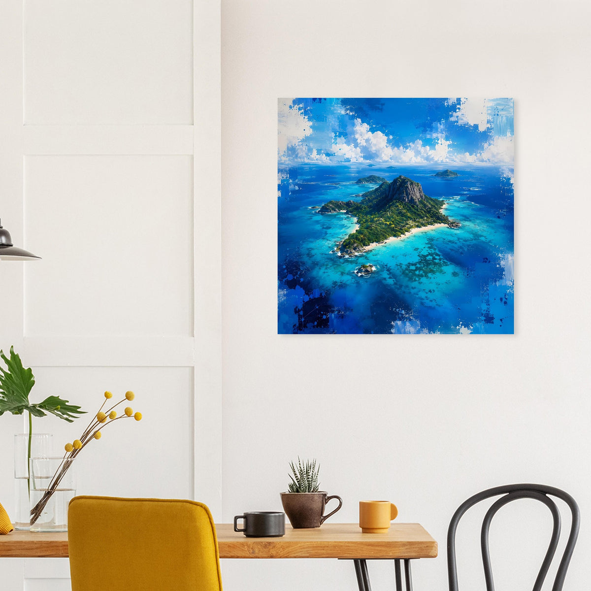 Wandposter mit tropischer Insel und Felsberg im türkisblauen Meer