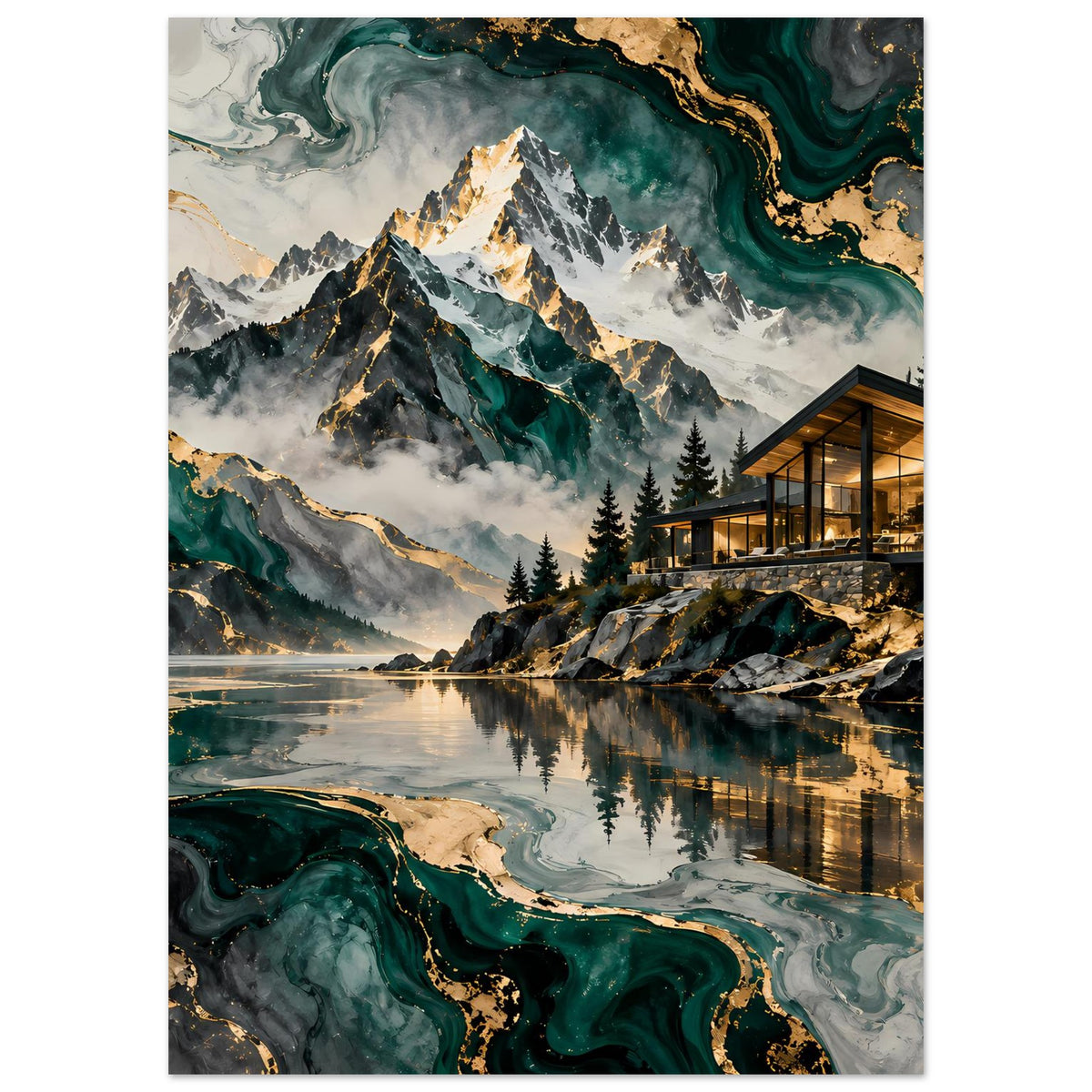 Poster mit Bergspitzen und türkis-grünen Marmoradern, reflektierendes Wasser und goldenes Licht