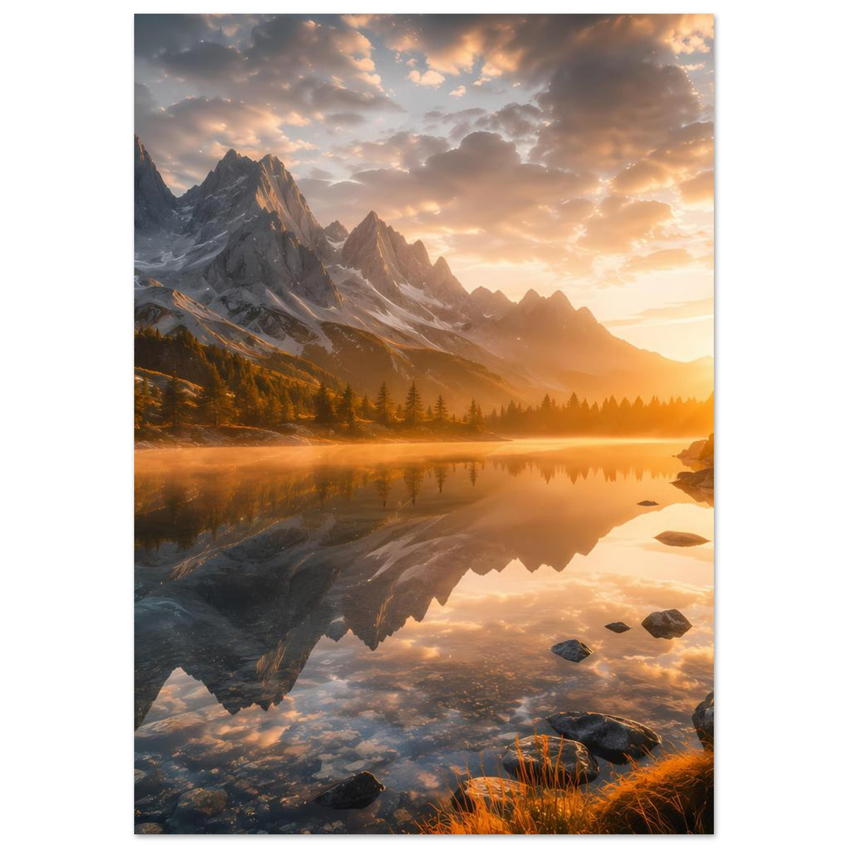 Poster: Berge, See und Sonnenaufgang mit goldenen Lichtstreifen und Spiegelbild im Wasser