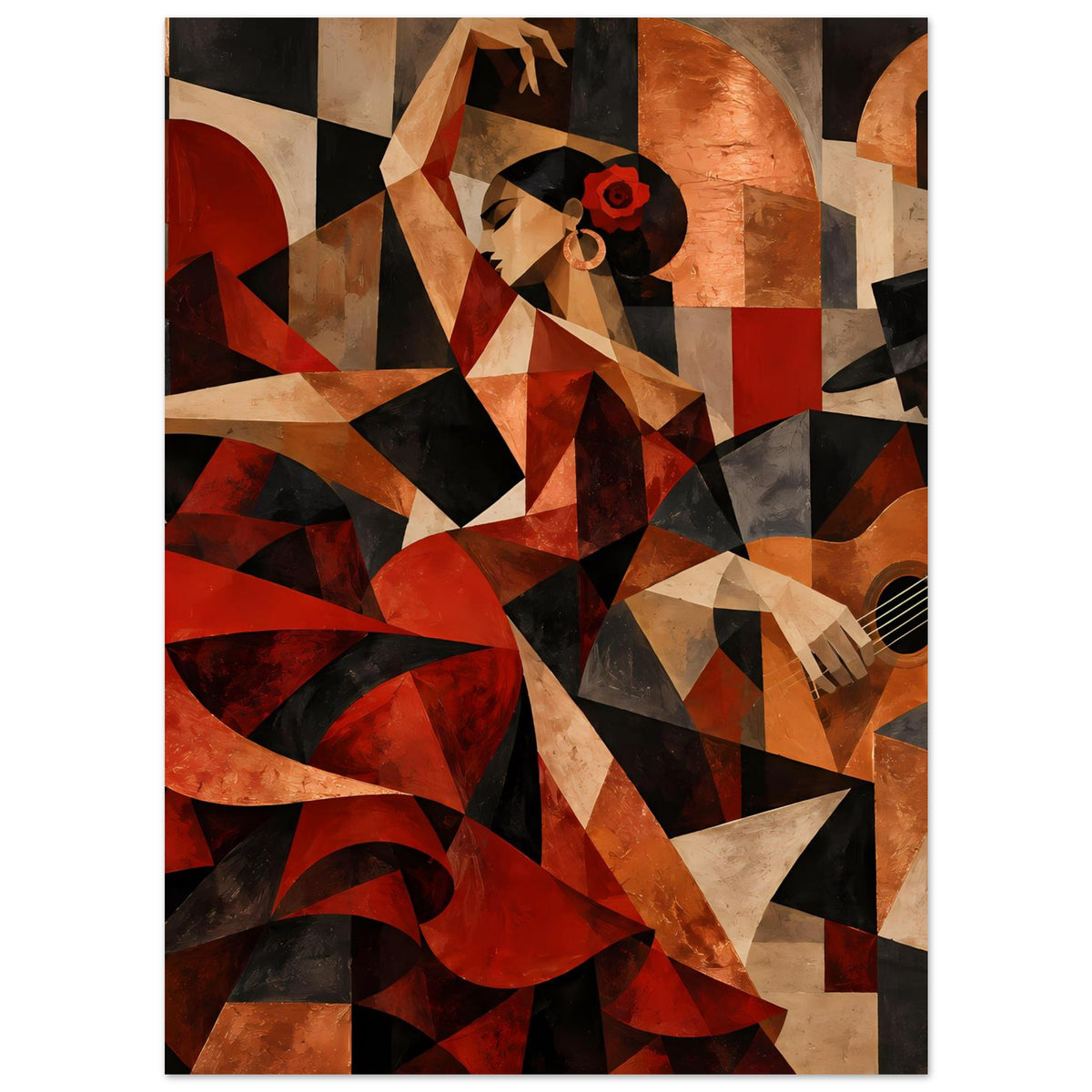 Kunstposter mit abstrakter Tänzerin und Gitarre, kräftige Rot- und Dunkelgrau-Flächen