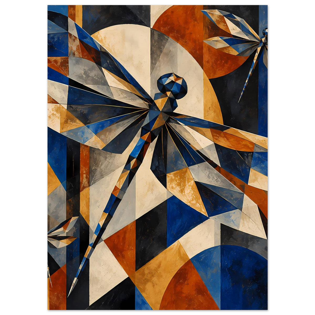 Kunstposter mit geometrischer Libelle oben rechts, Blau- und Kupfertöne, Dreiecke