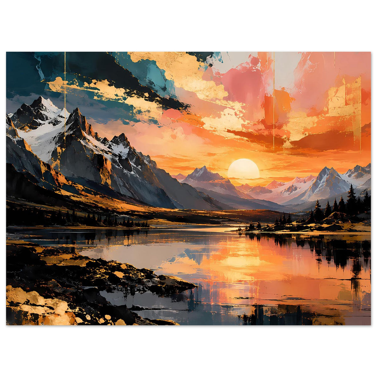 Querformat-Poster mit Bergtal, Sonnenball im orangefarbenen Himmel und Seespiegelung